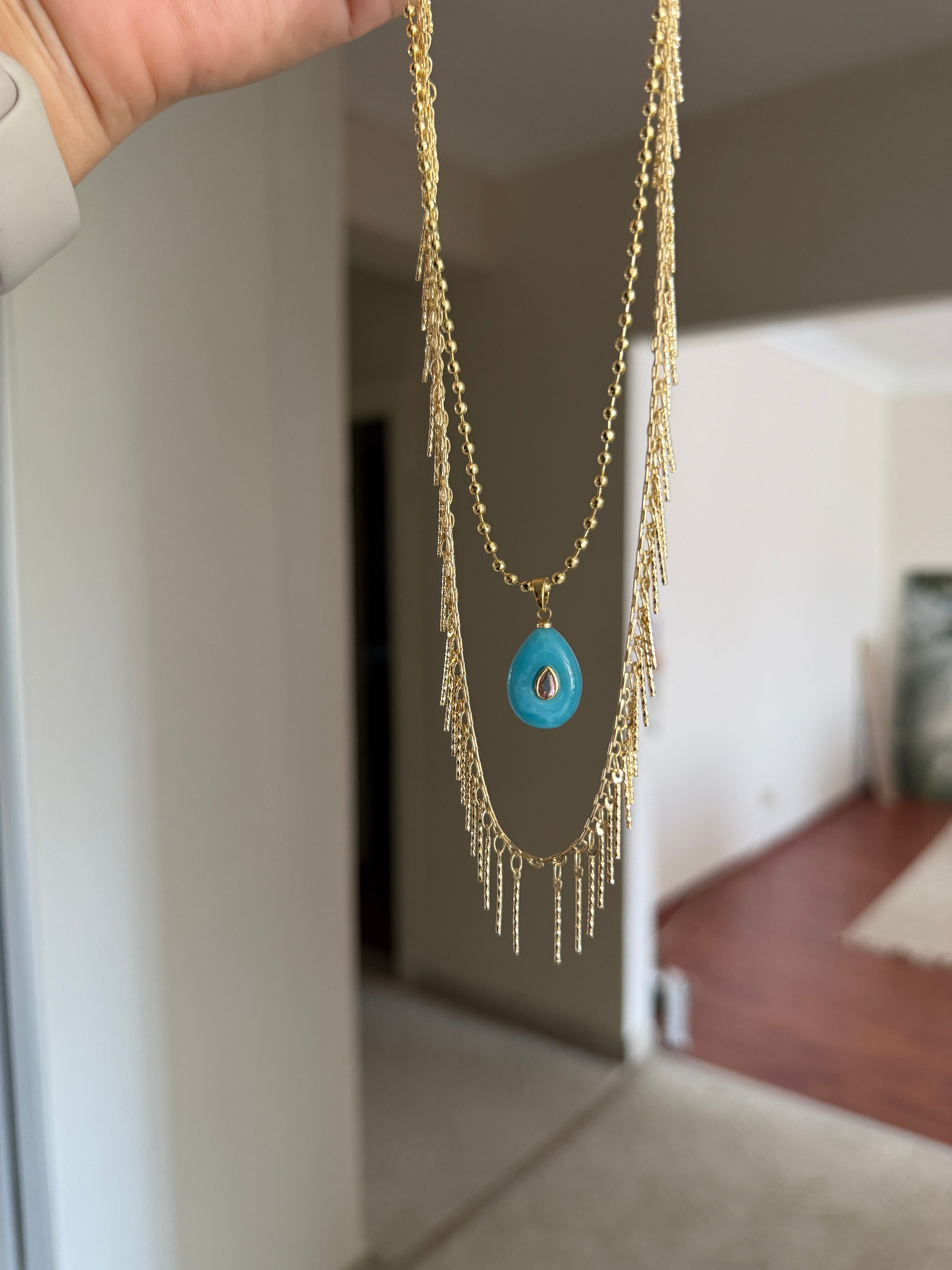 14K gold renk altın kaplama tasarım salkım saçak kolye ve doğaltaş mavi 2'li kolye seti
