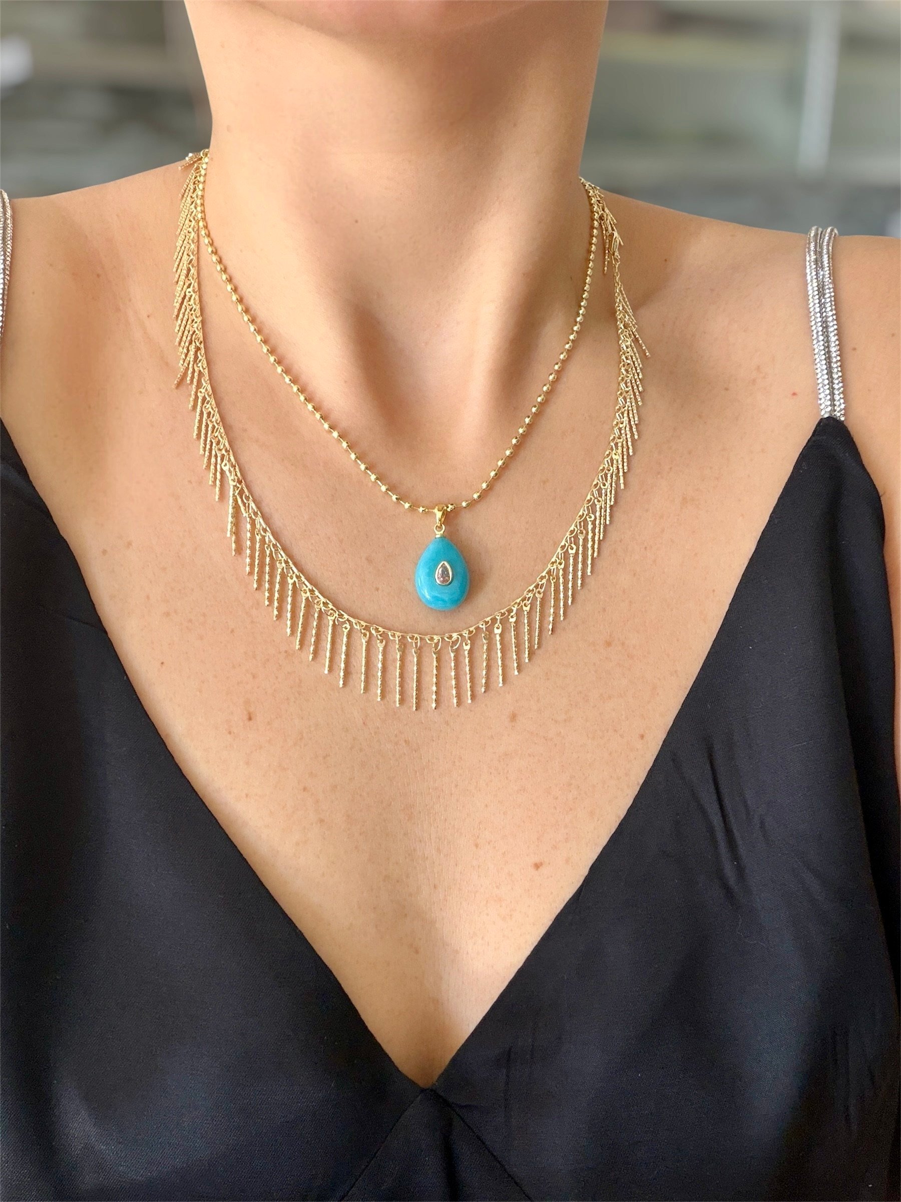 14K gold renk altın kaplama tasarım salkım saçak kolye ve doğaltaş mavi 2'li kolye seti