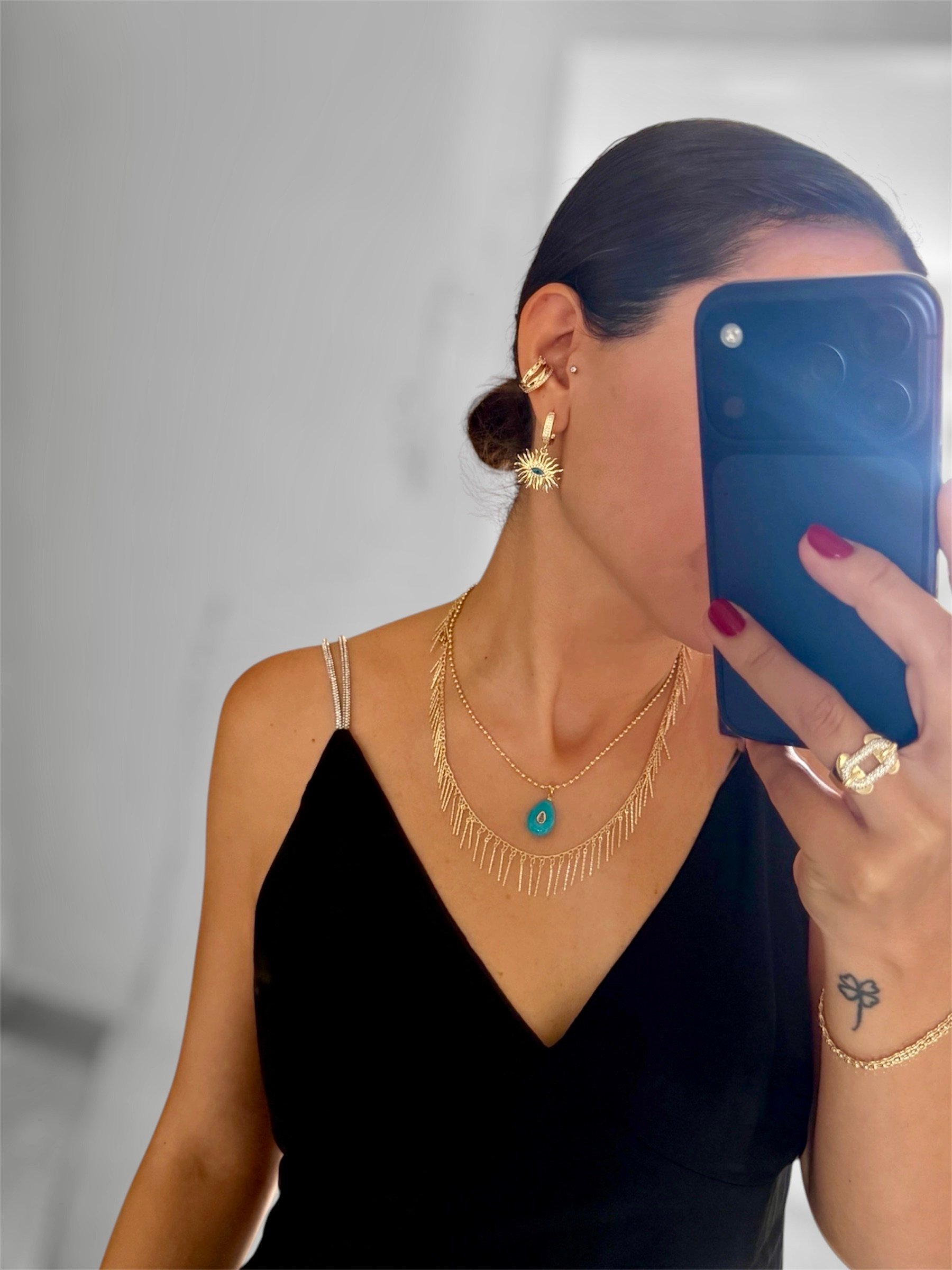14K gold renk altın kaplama tasarım salkım saçak kolye ve doğaltaş mavi 2'li kolye seti