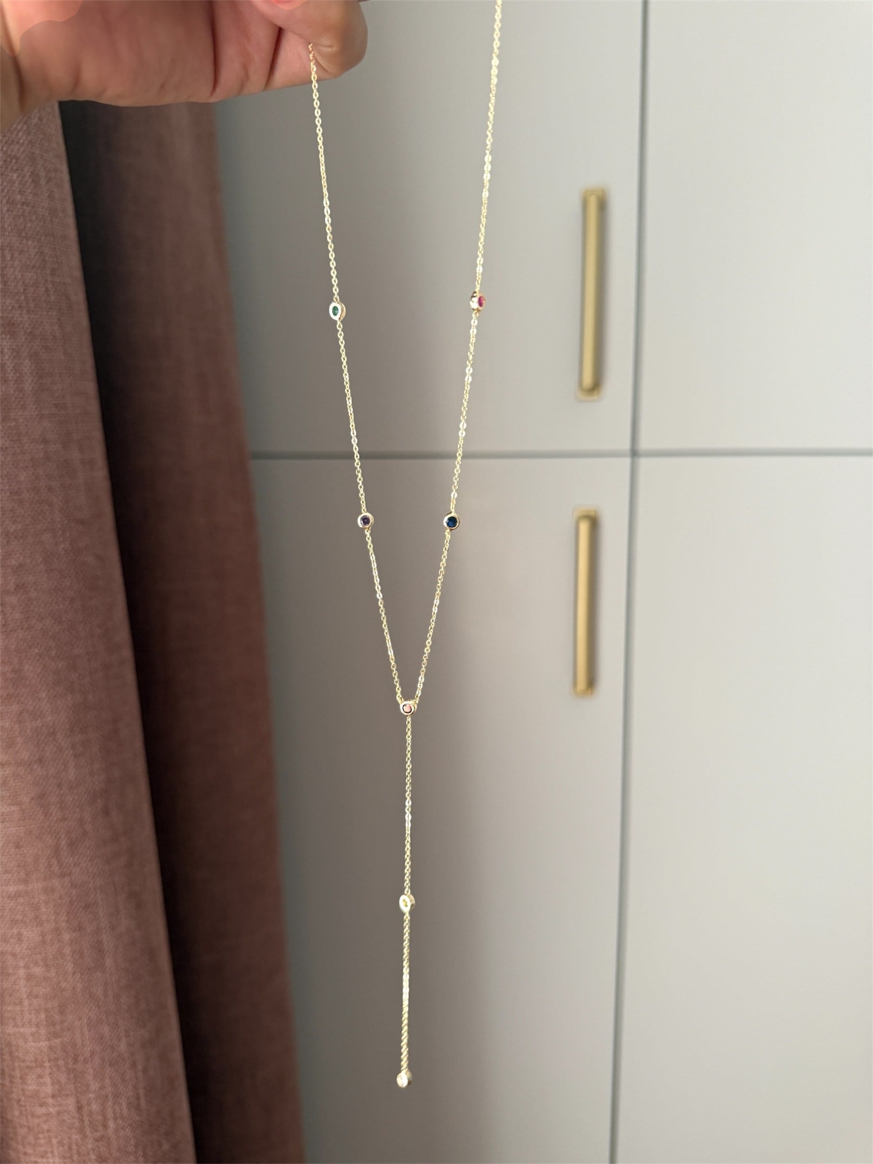 14K gold renk altın kaplama Y form dekolte kolyesi renkli taşlı