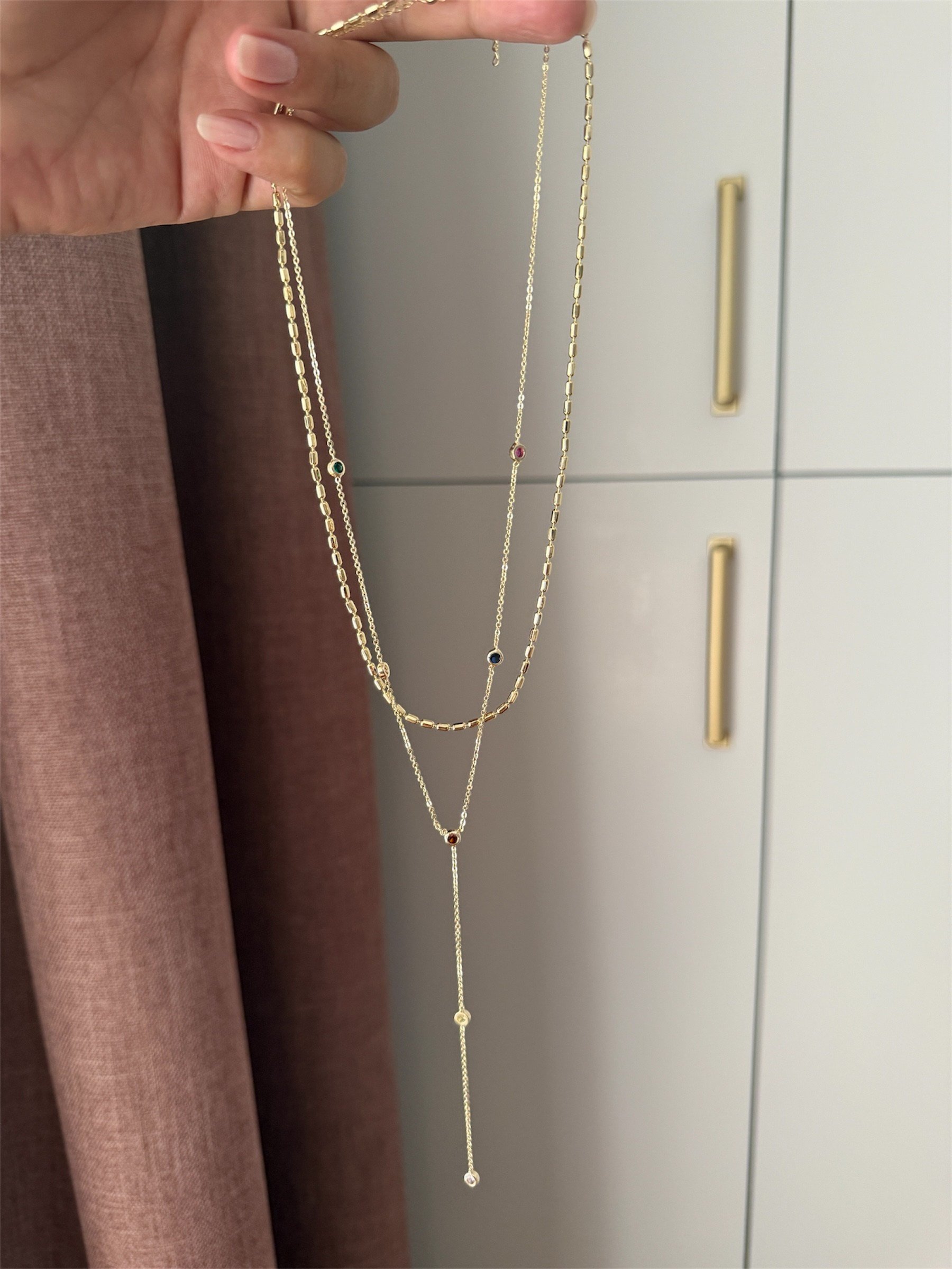 14K gold renk altın kaplama Y form dekolte kolyesi renkli taşlı ve şık zincir 2'li kolye