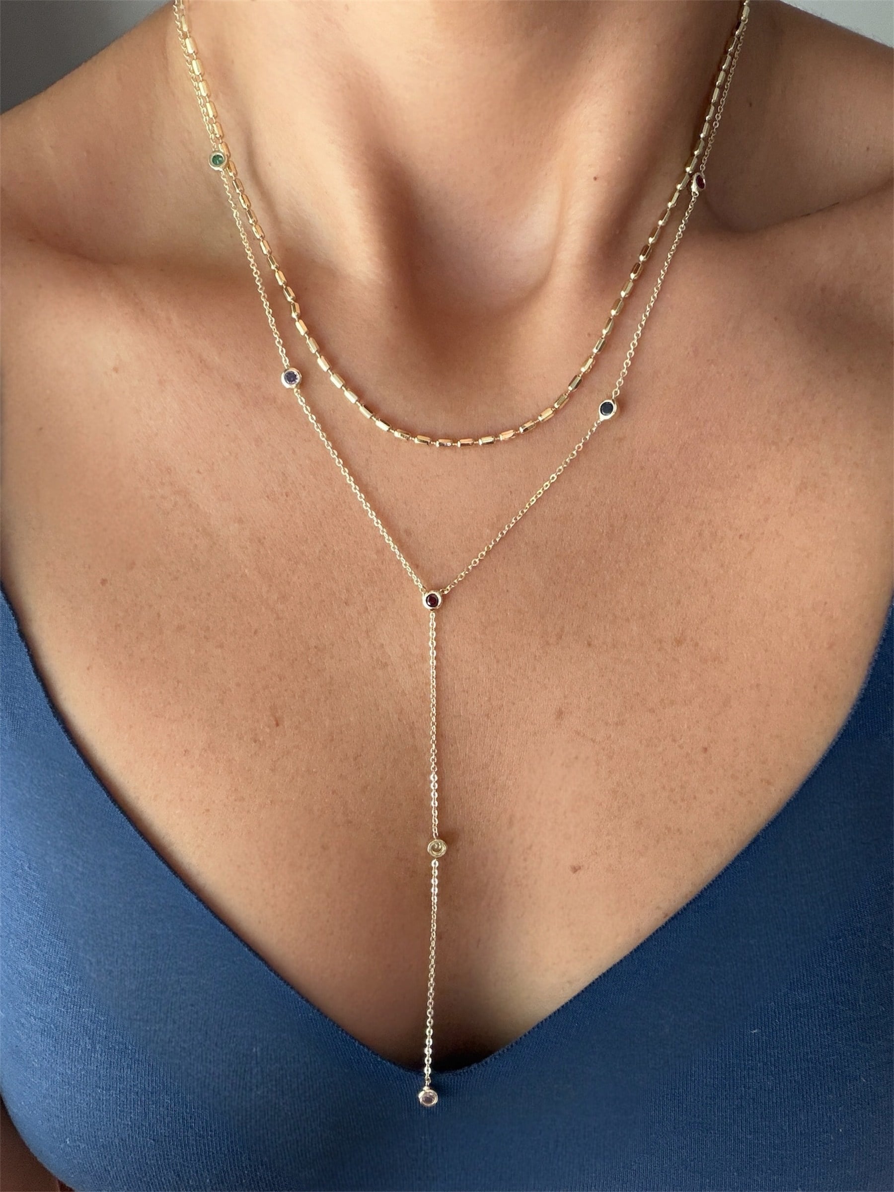 14K gold renk altın kaplama Y form dekolte kolyesi renkli taşlı ve şık zincir 2'li kolye