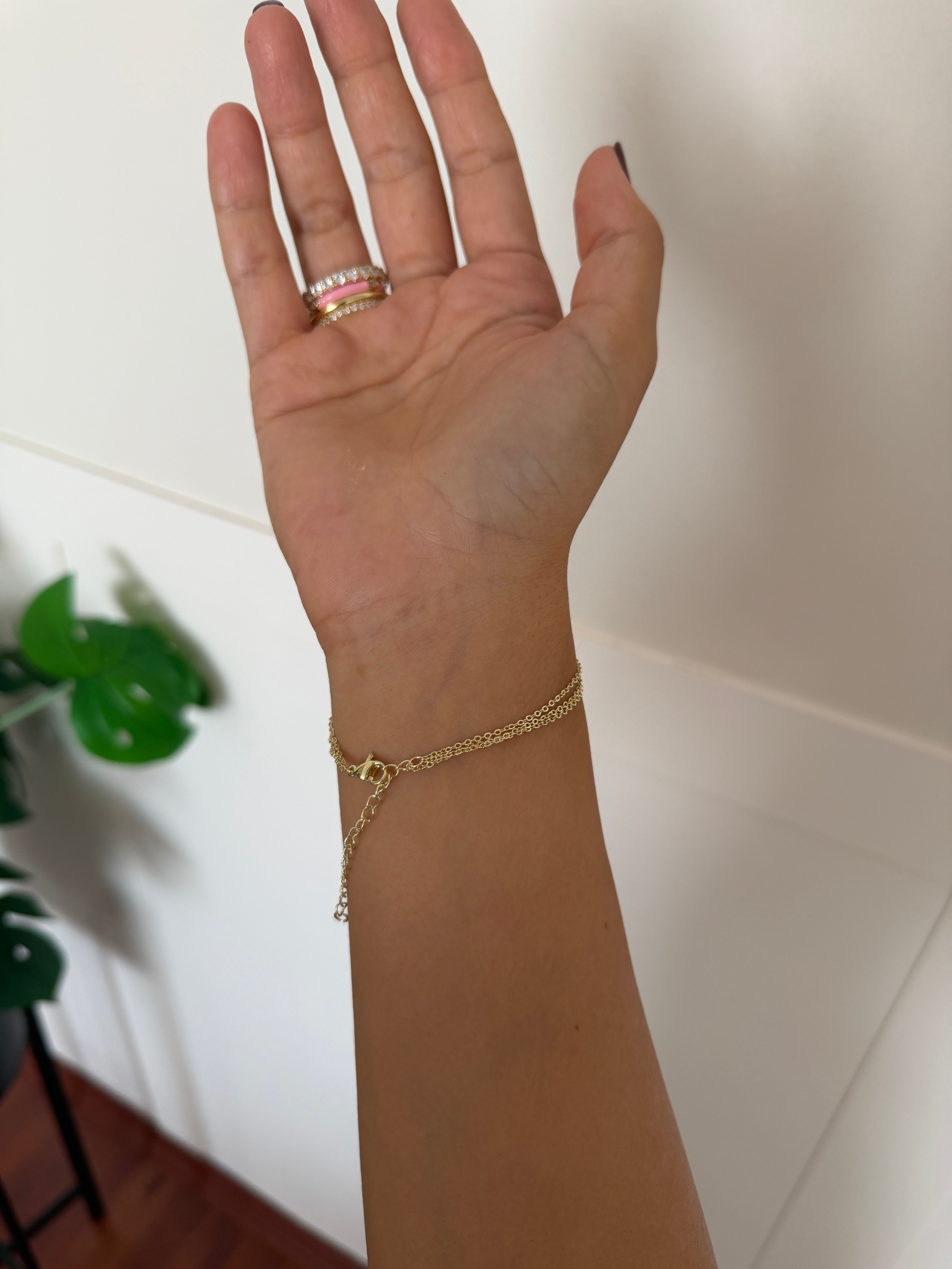 14K gold renk altın kaplama yonca detaylı bilekte 3 zincir formunda şahmeran