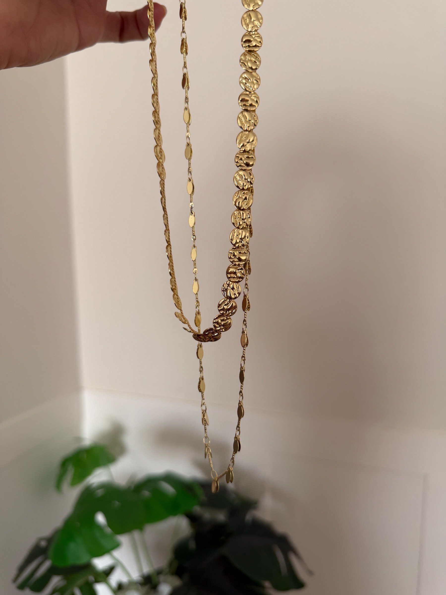 14K gold renk altın kaplama, yuvarlak ezme kolye ve sarkıt zincir tasarım 2'li kolye kombini 