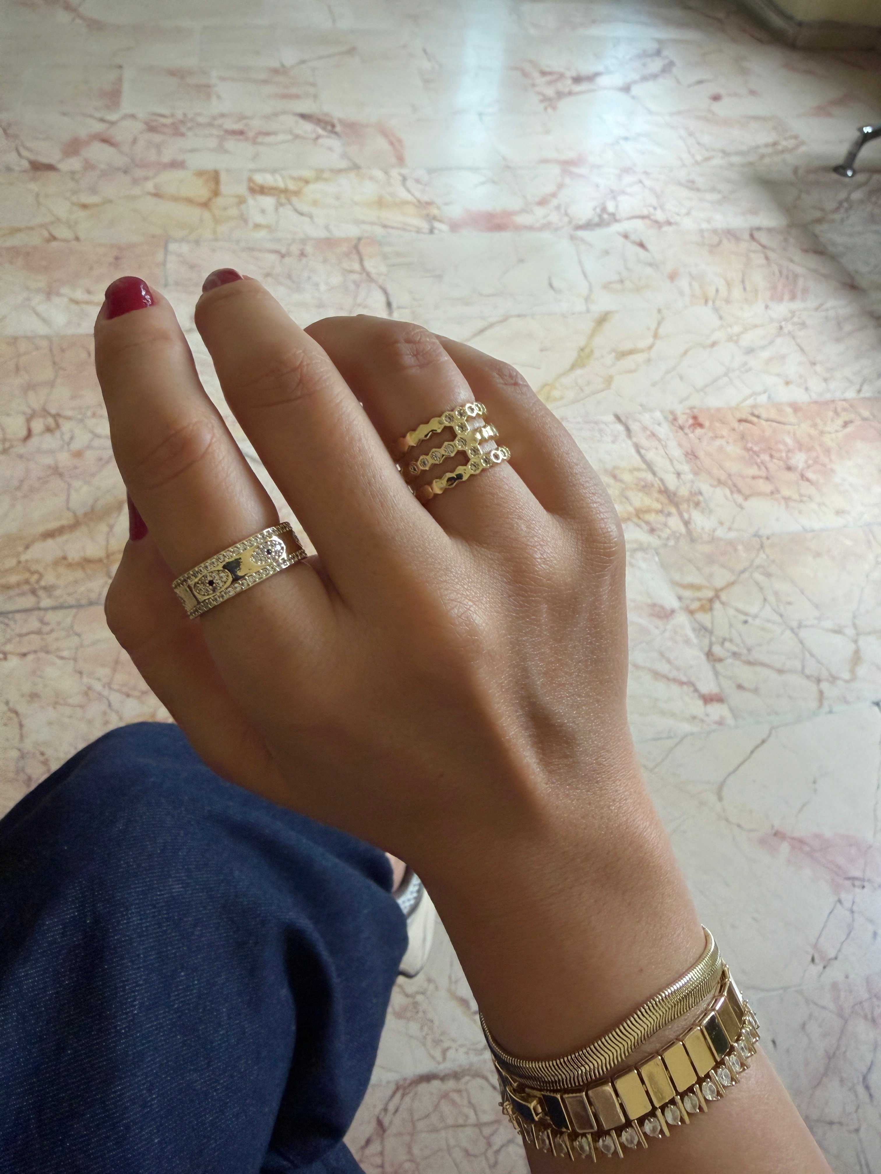 14K gold renk altın kaplama zirkon taşlı çok zarif petek görünümlü tasarım yüzük