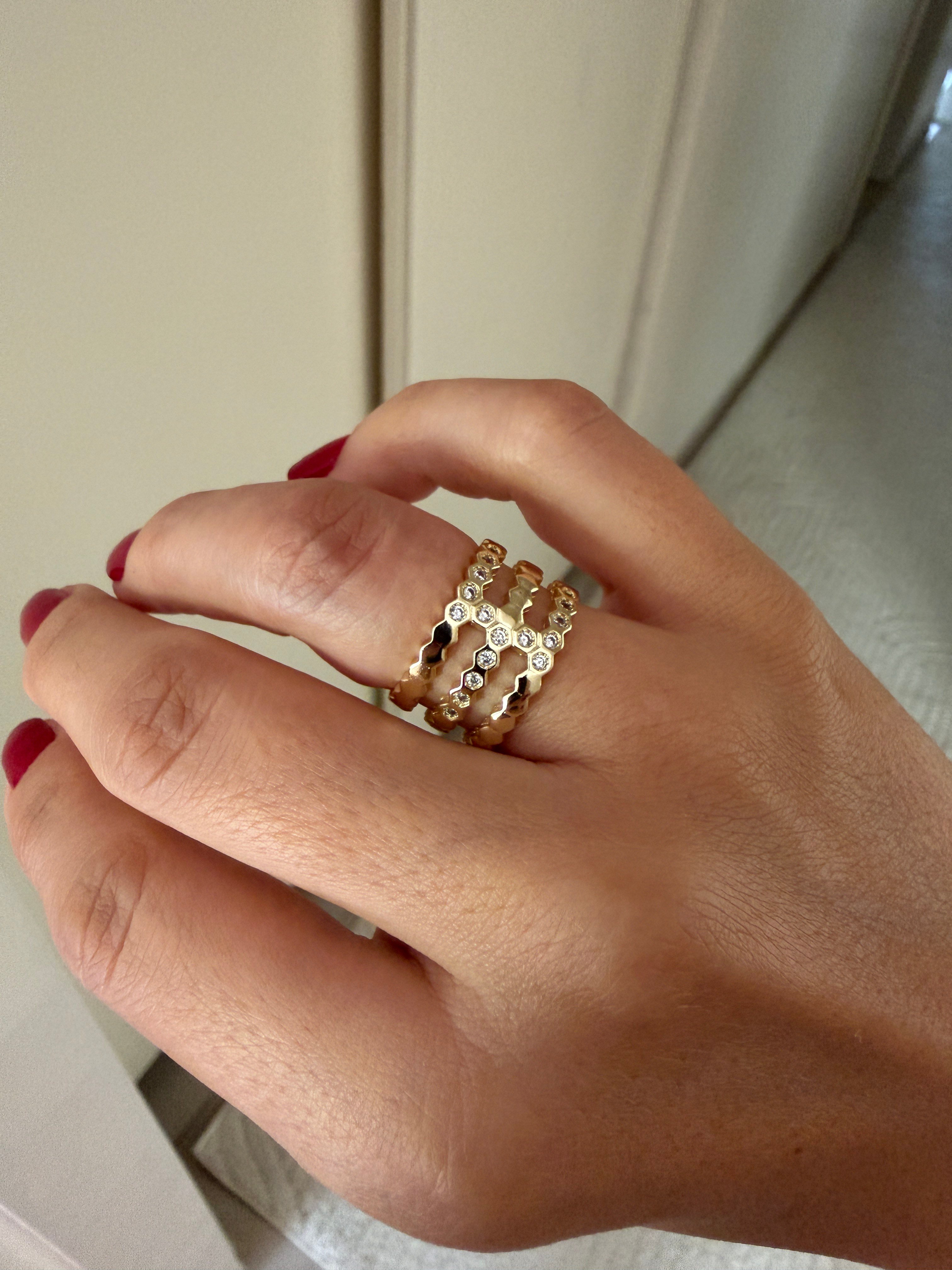 14K gold renk altın kaplama zirkon taşlı çok zarif petek görünümlü tasarım yüzük