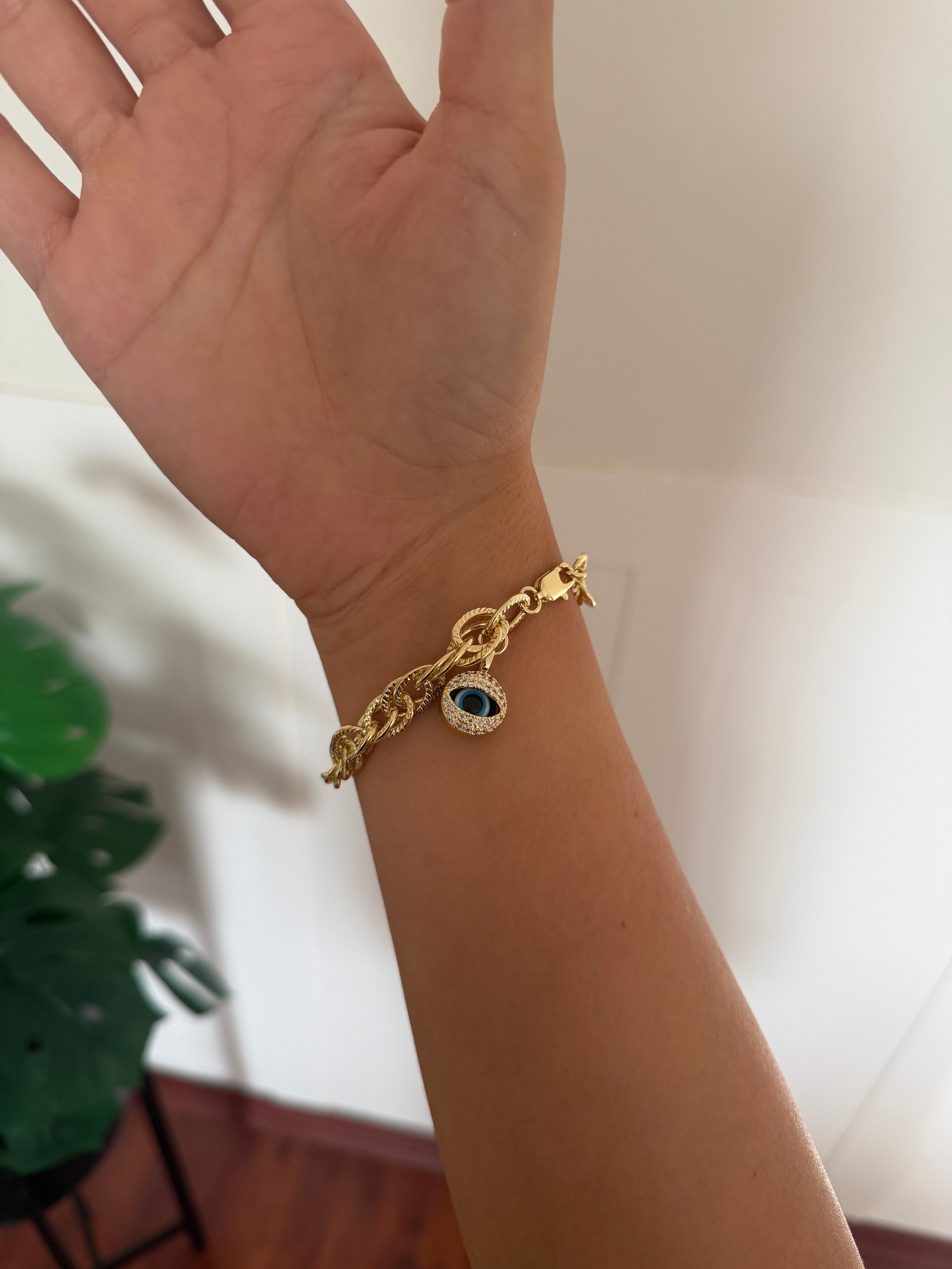 14K gold renk altın kaplama,harika göz detayı olan kalın geçmeli lazer zincir bileklik