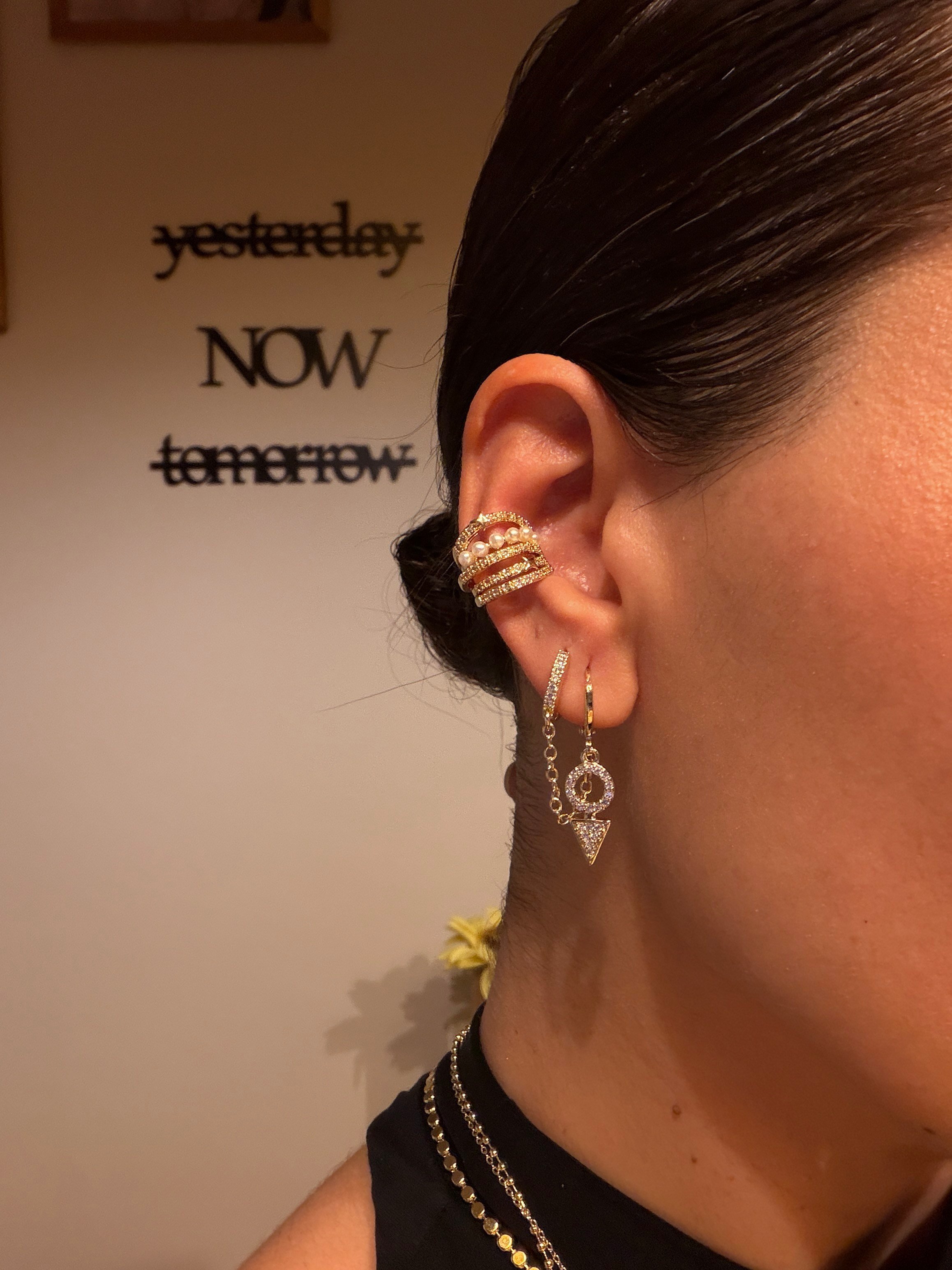 14K gold renk altın kaplama,inci zirkon taş ve yıldız detaylı,özel temalı kıkırdak küpesi earcuff