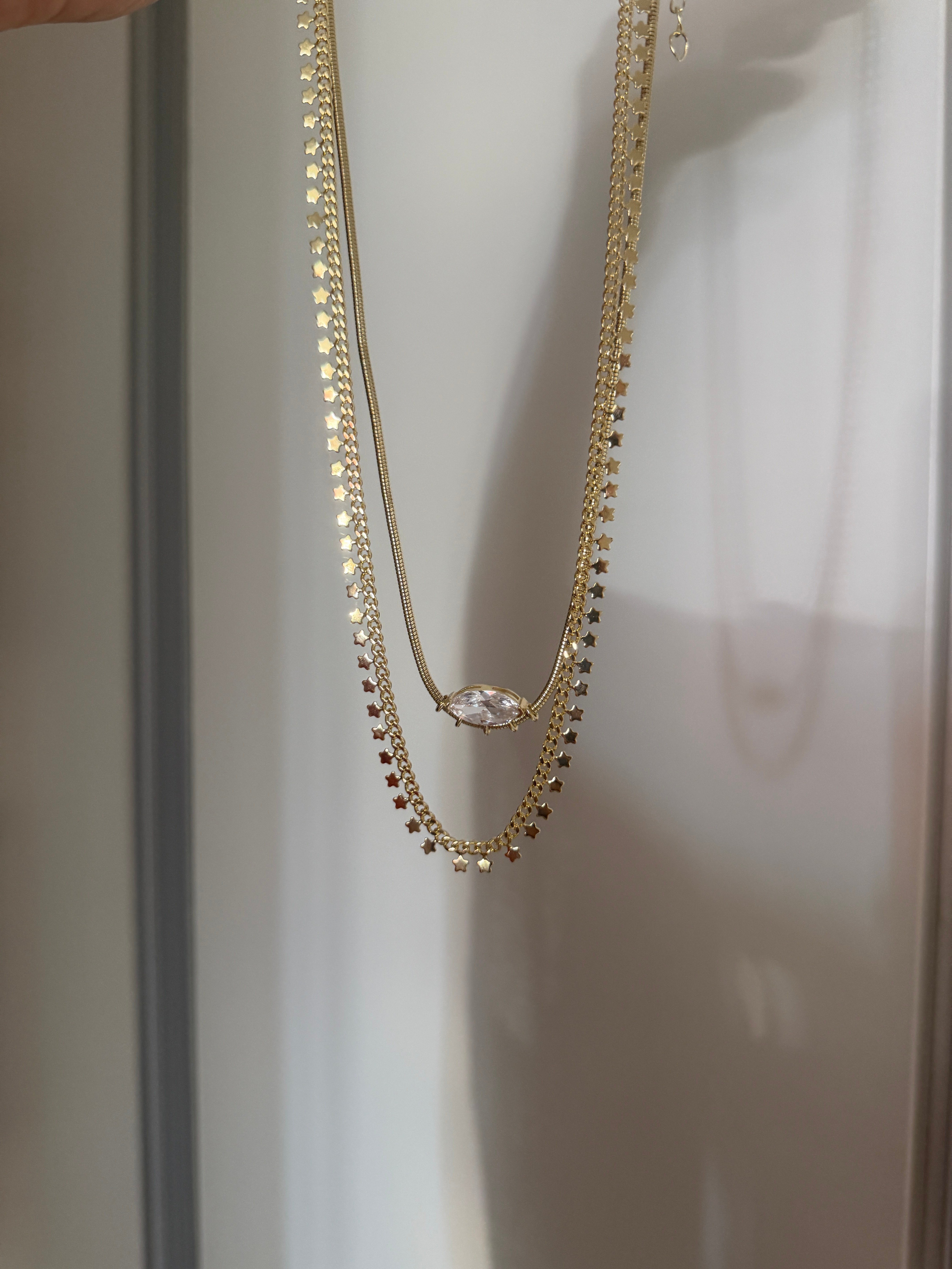 14K gold renk altın kaplama,yıldız detaylı pul kolye ve zirkon taşlı tasarım 2'li kolye seti