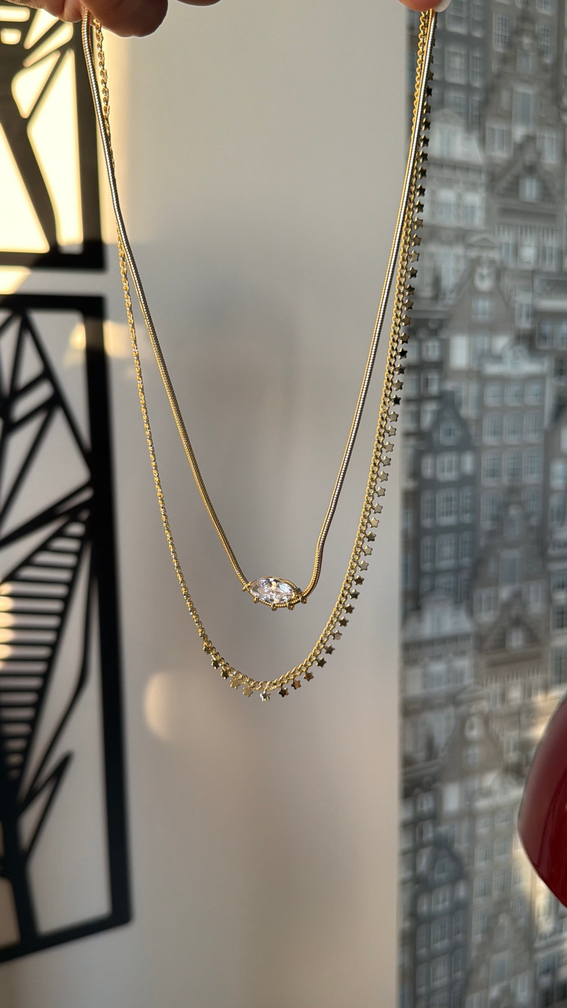 14K gold renk altın kaplama,yıldız detaylı pul kolye ve zirkon taşlı tasarım 2'li kolye seti