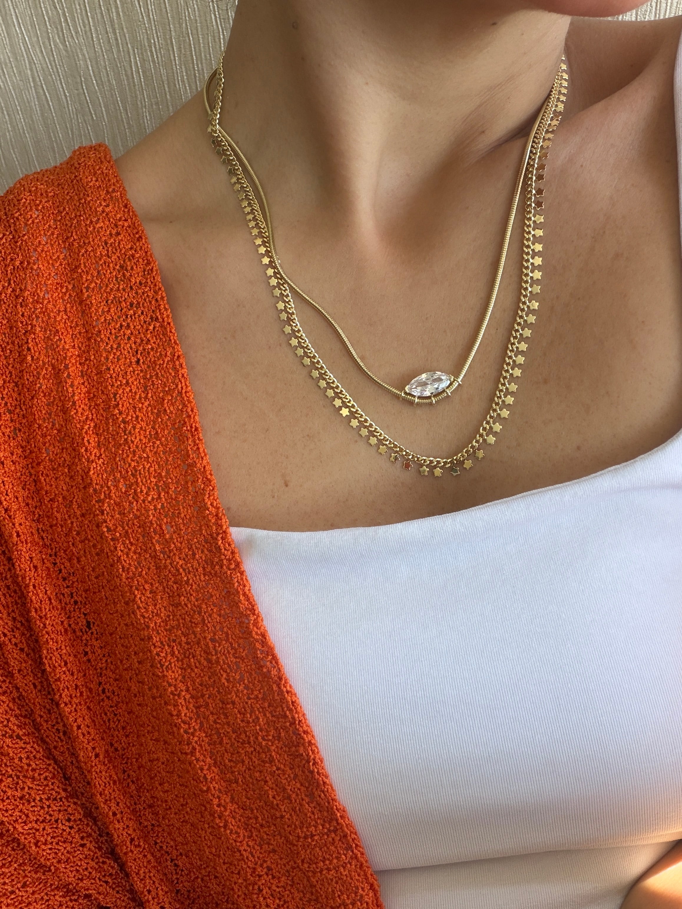 14K gold renk altın kaplama,yıldız detaylı pul kolye ve zirkon taşlı tasarım 2'li kolye seti