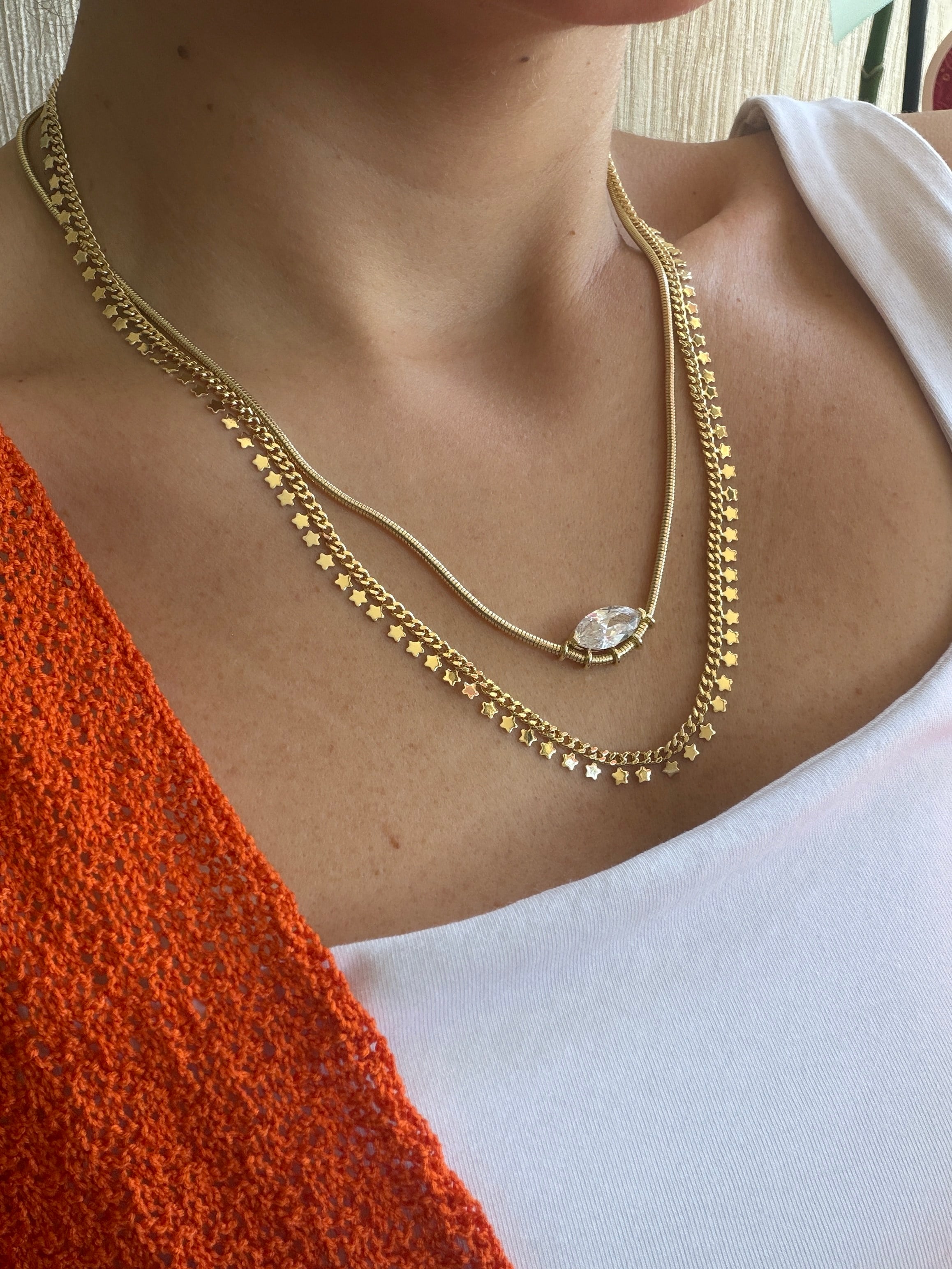 14K gold renk altın kaplama,yıldız detaylı pul kolye ve zirkon taşlı tasarım 2'li kolye seti