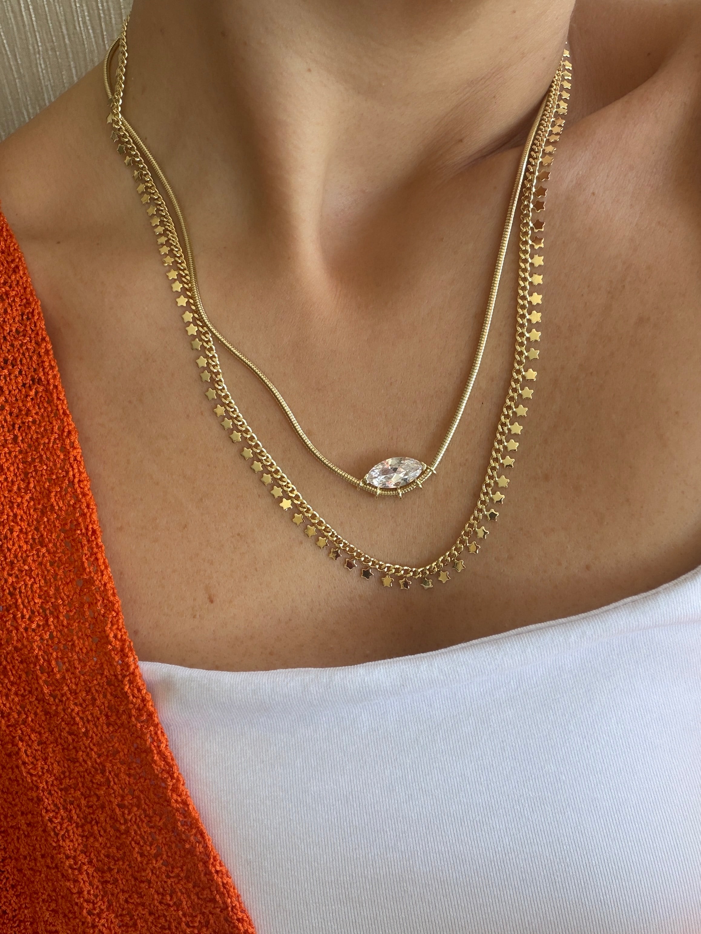 14K gold renk altın kaplama,yıldız detaylı pul kolye ve zirkon taşlı tasarım 2'li kolye seti
