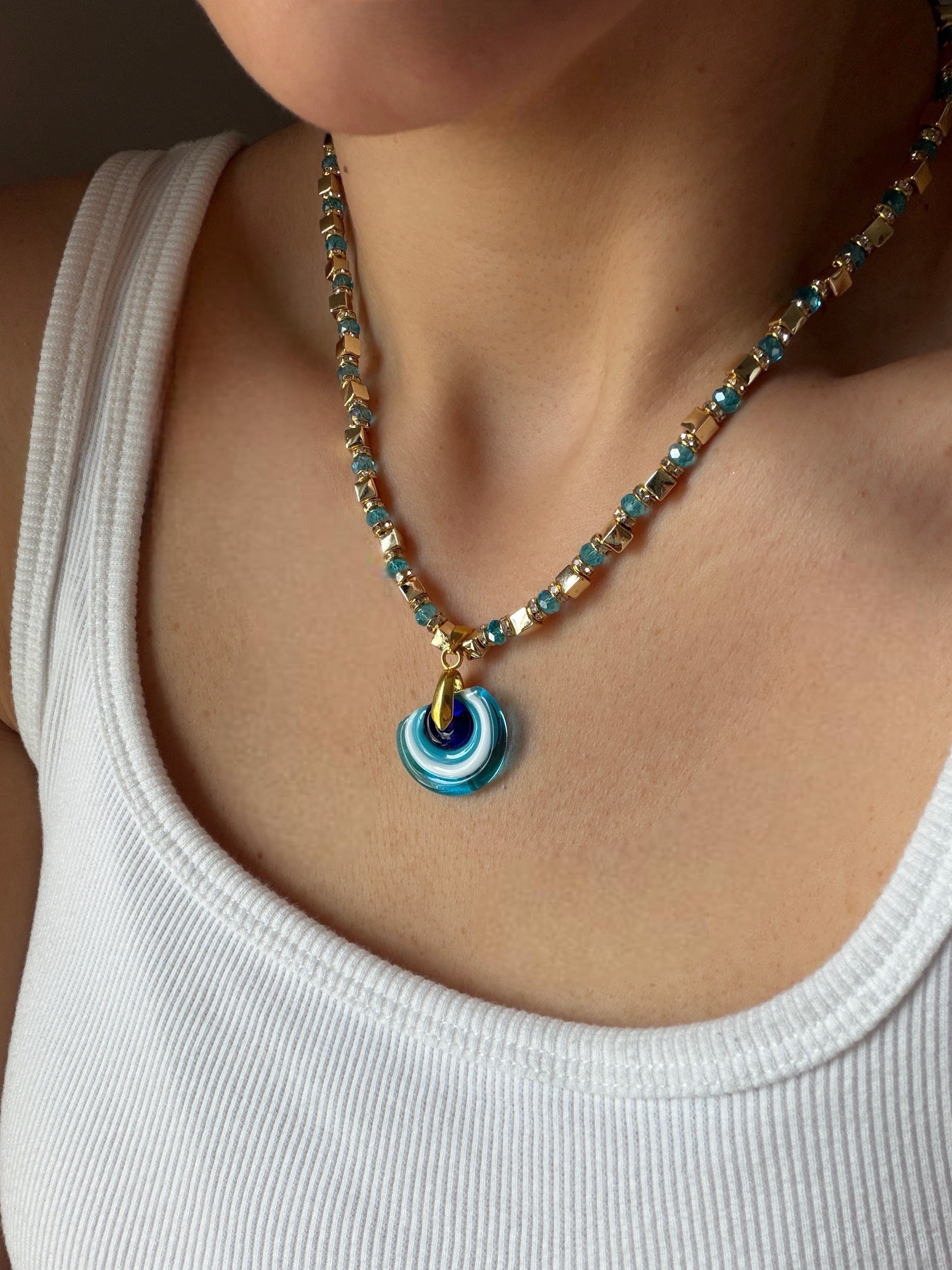 14K gold renk çelik ve mavi boncuklu, koruyucu, tasarım kolye 🧿