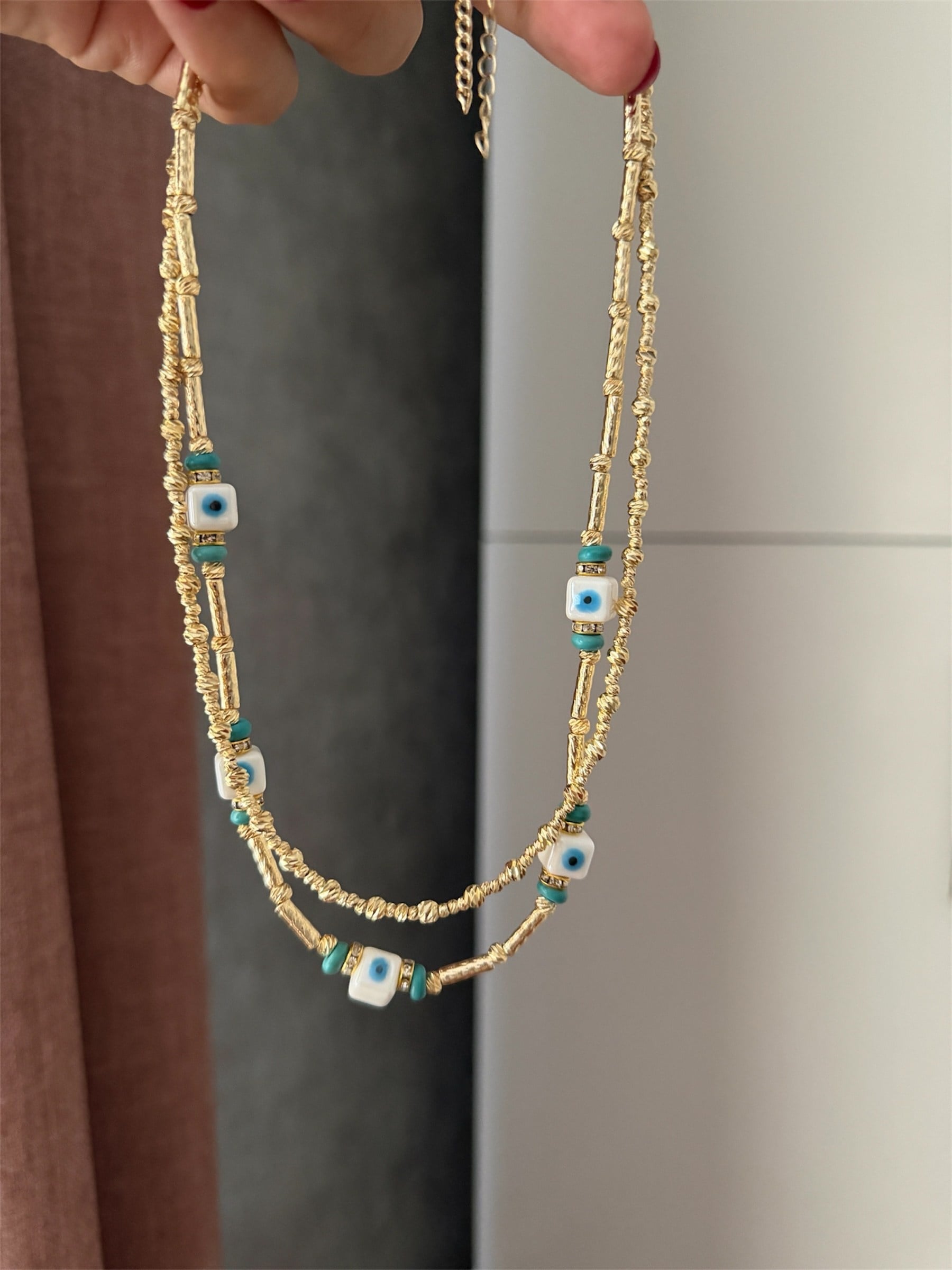 14K gold renk nazar temalı doğaltaş detaylı dorika zincirle kombin 2'li kolye
