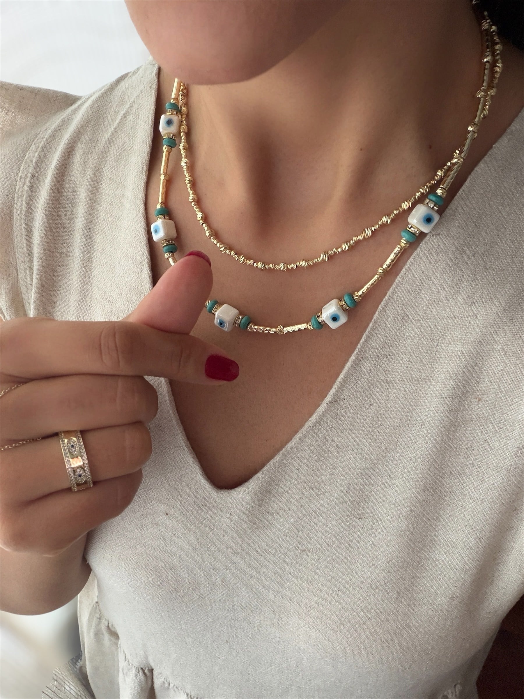 14K gold renk nazar temalı doğaltaş detaylı dorika zincirle kombin 2'li kolye