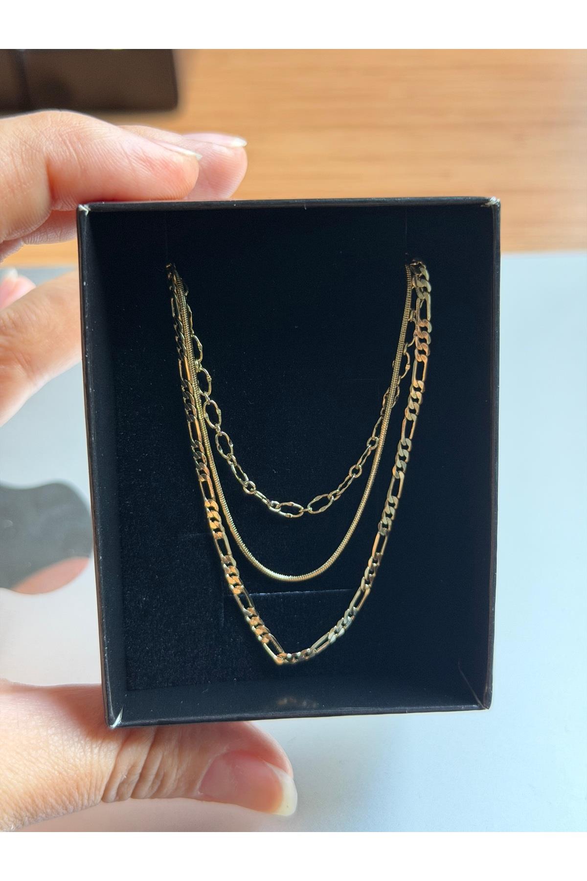 14K gold renk Xp,premium klasik 3'lü şık zincir kombin kolye🌸