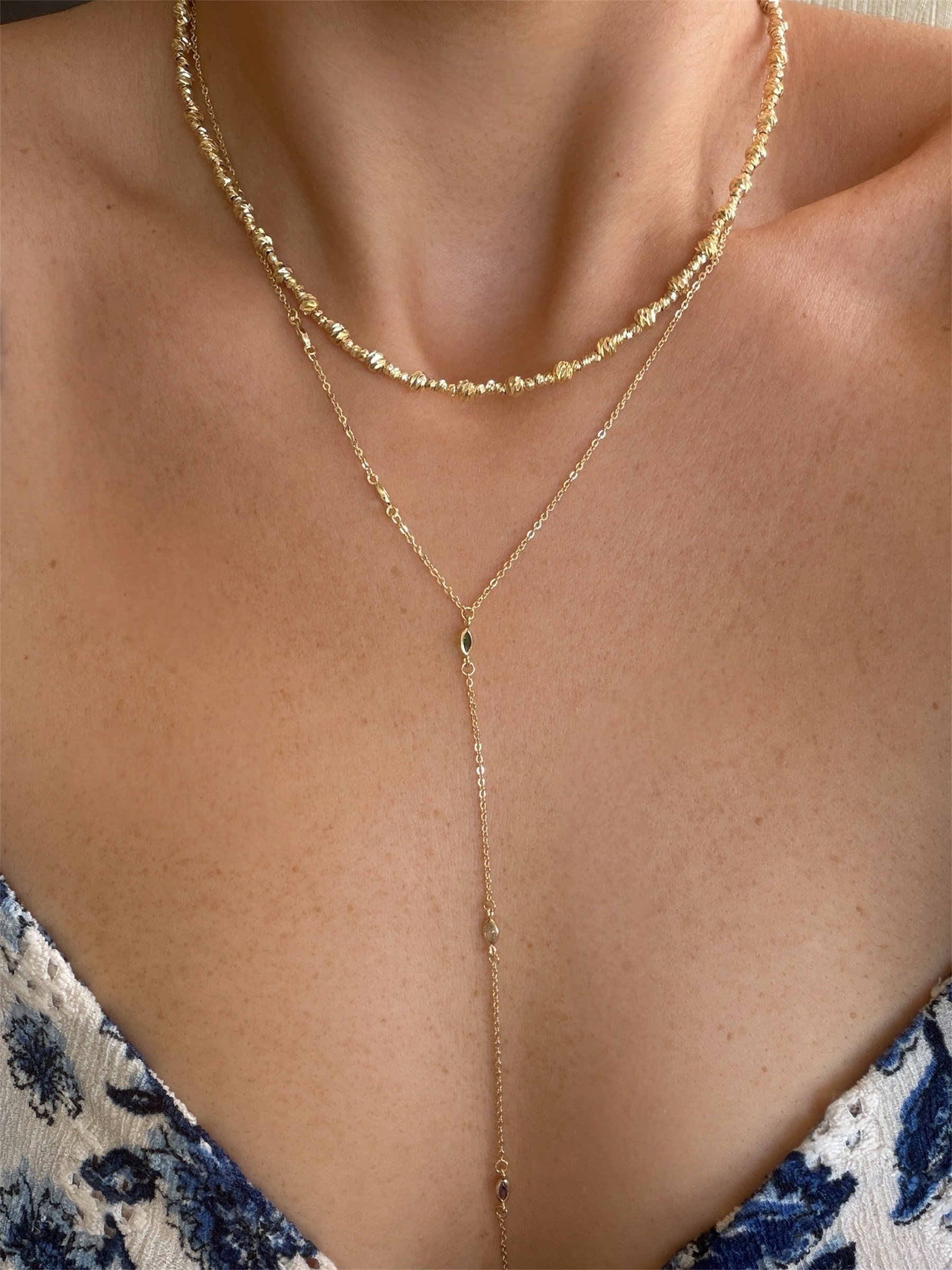 14K gold renk Y form dekolte kolyesi zirkon taşlı ve dorika zincir 2'li kolye seti