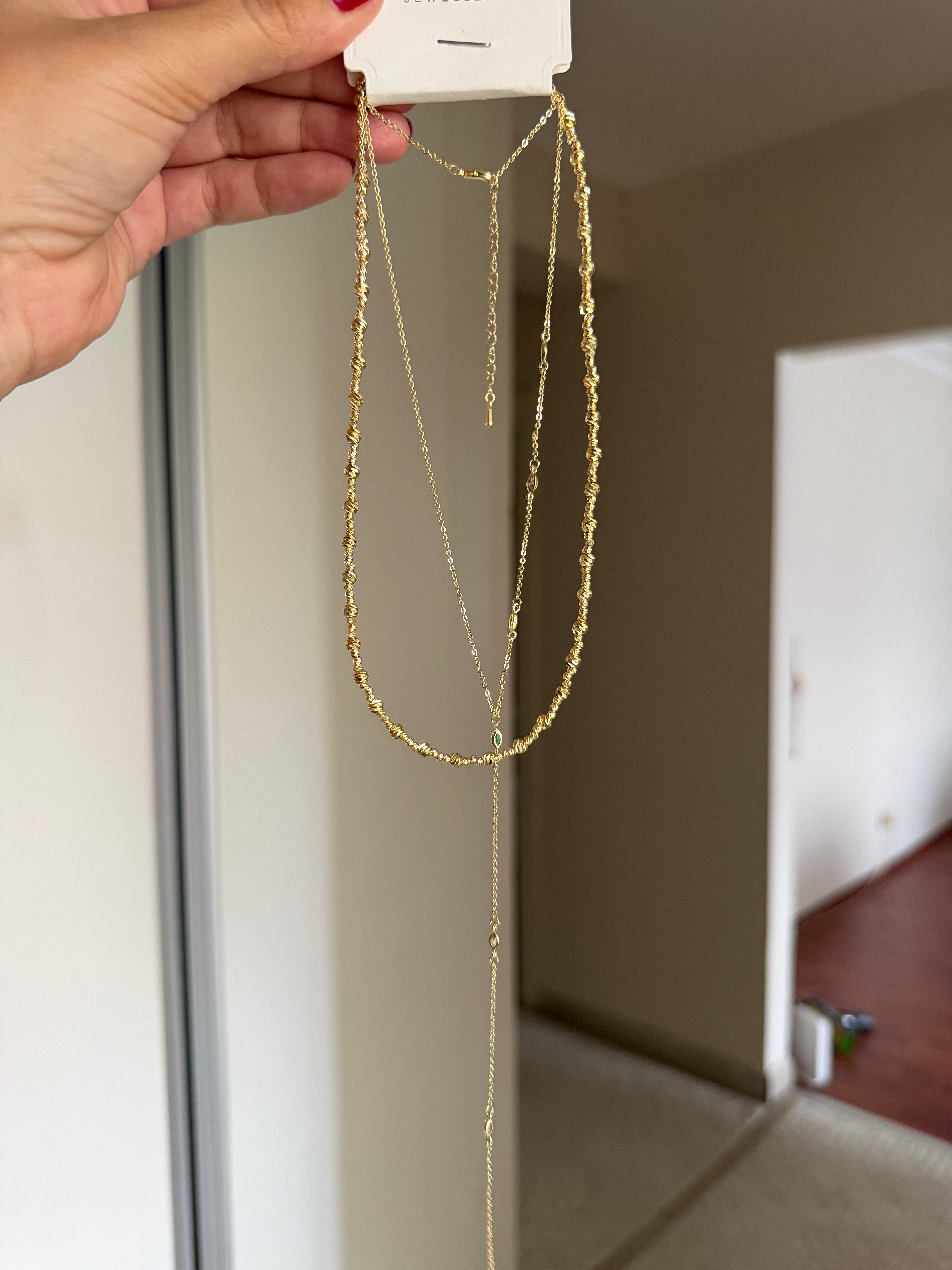 14K gold renk Y form dekolte kolyesi zirkon taşlı ve dorika zincir 2'li kolye seti