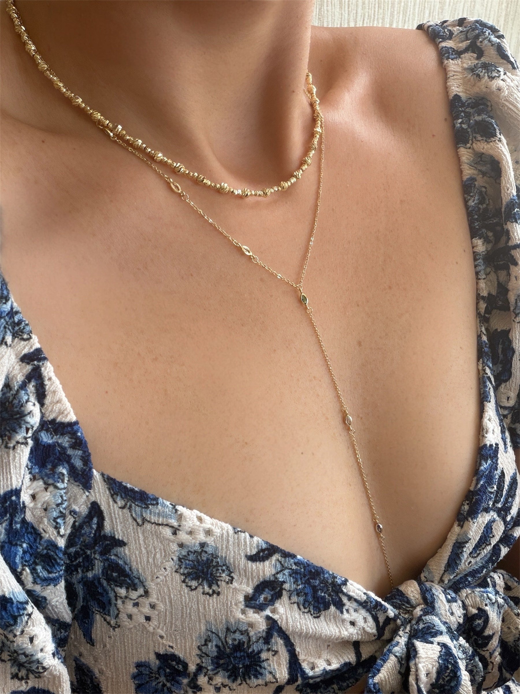 14K gold renk Y form dekolte kolyesi zirkon taşlı ve dorika zincir 2'li kolye seti