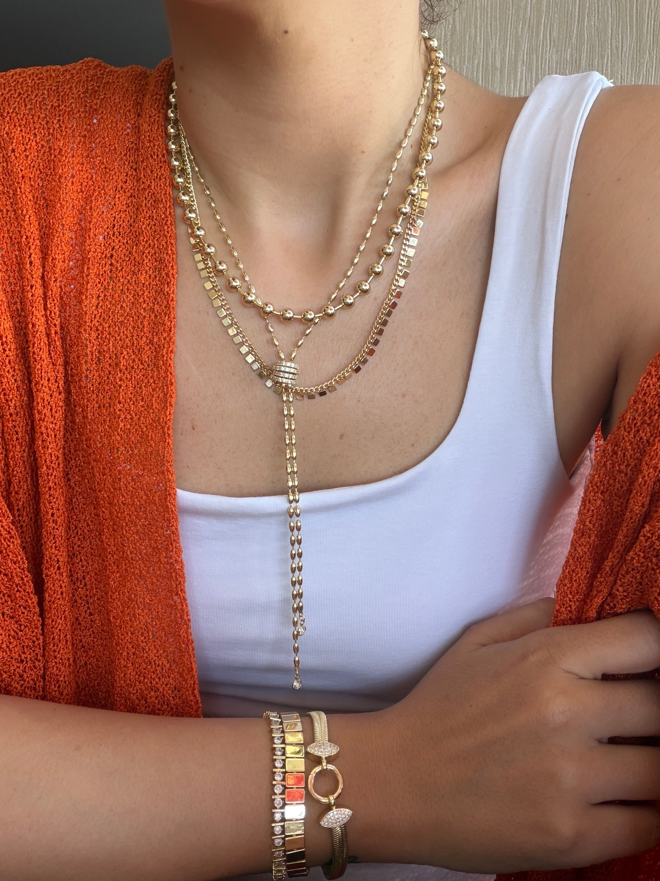 14K gold renk,altın kaplama zirkon taşlı kare pul zincir,büyük topçuklu zincir ve tasarım 3'lü kolye seti