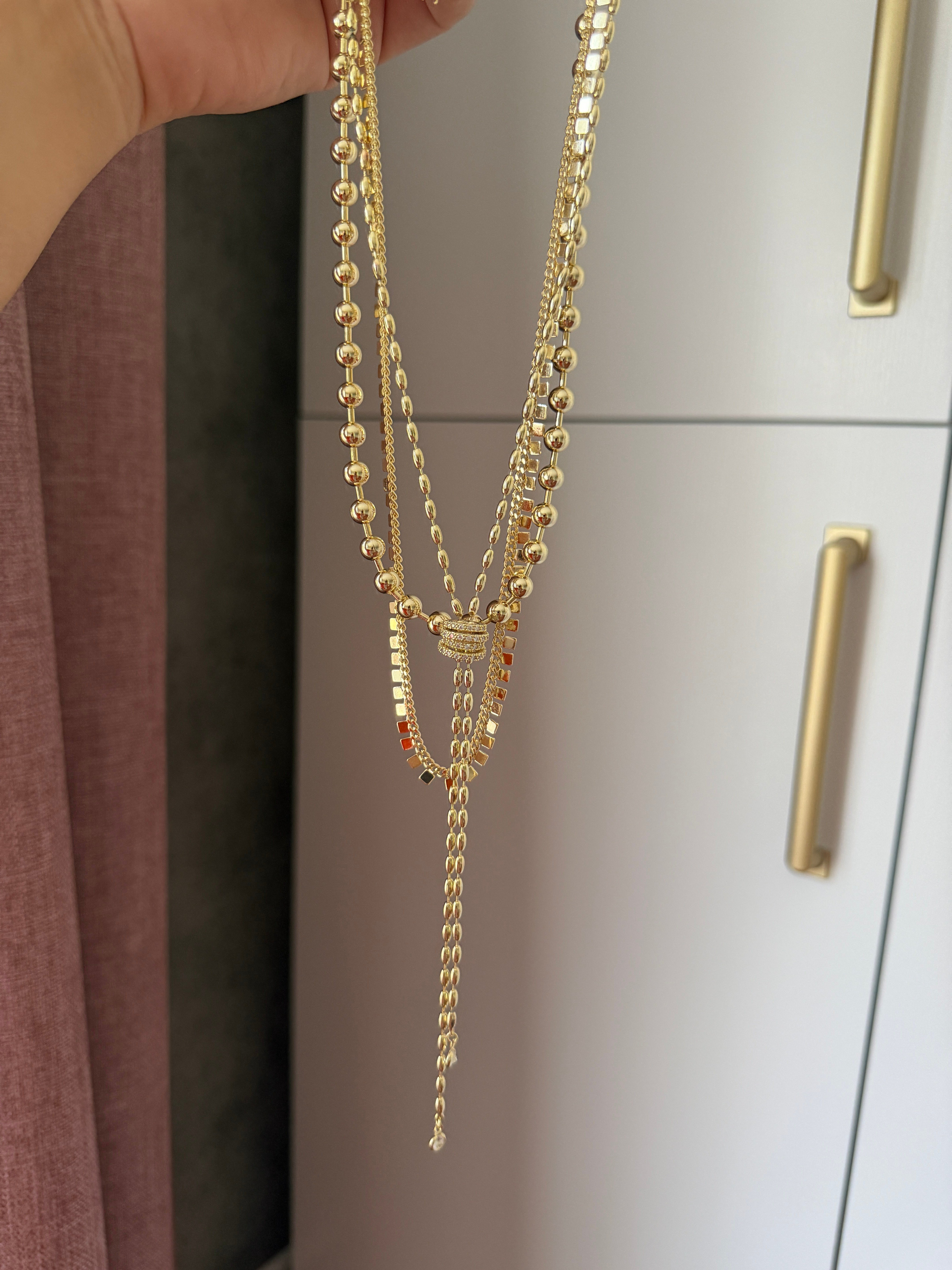 14K gold renk,altın kaplama zirkon taşlı kare pul zincir,büyük topçuklu zincir ve tasarım 3'lü kolye seti