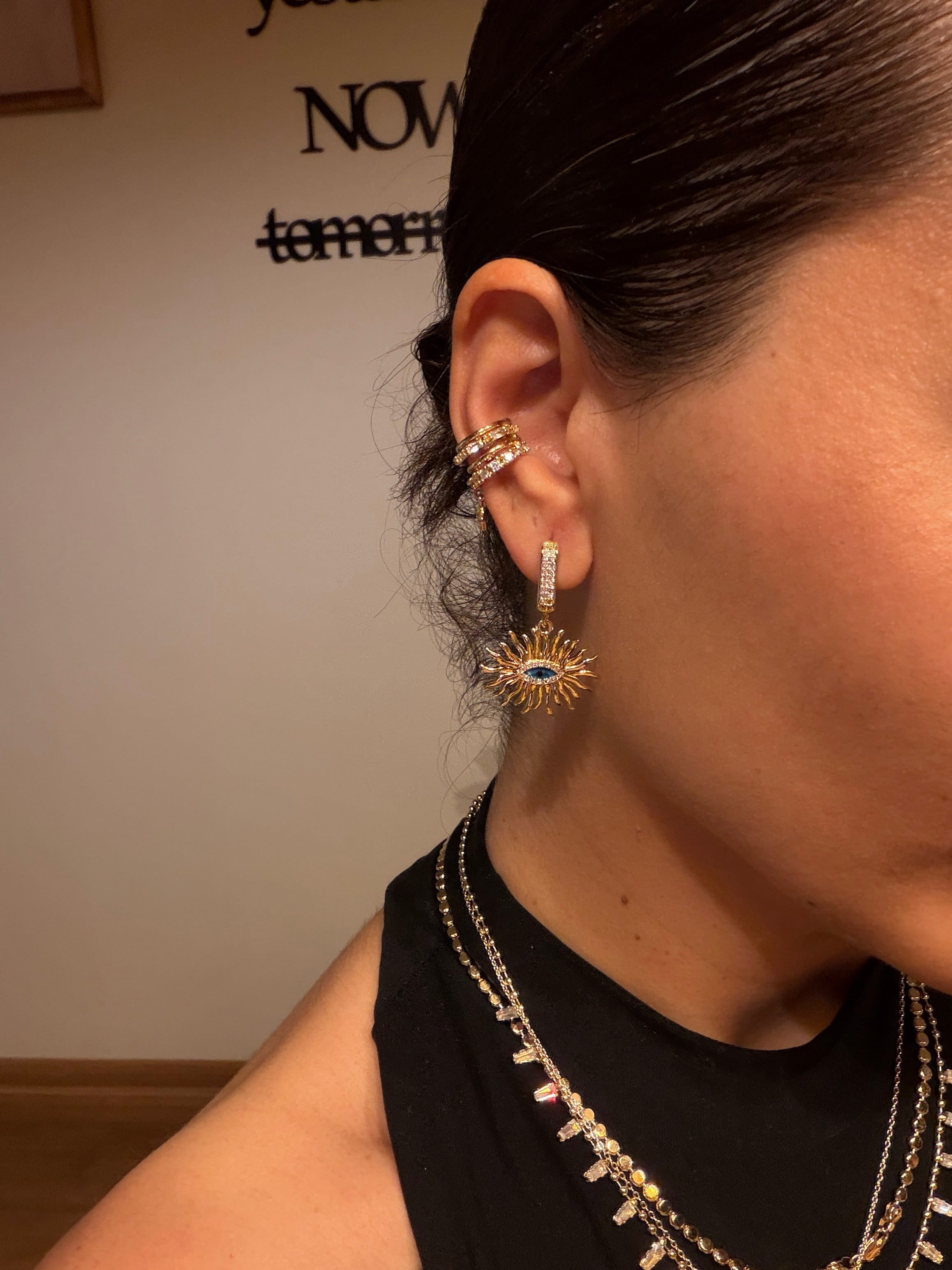 14K gold renk,çelik mavi göz temalı,sallantılı şık ve özel tasarım küpe