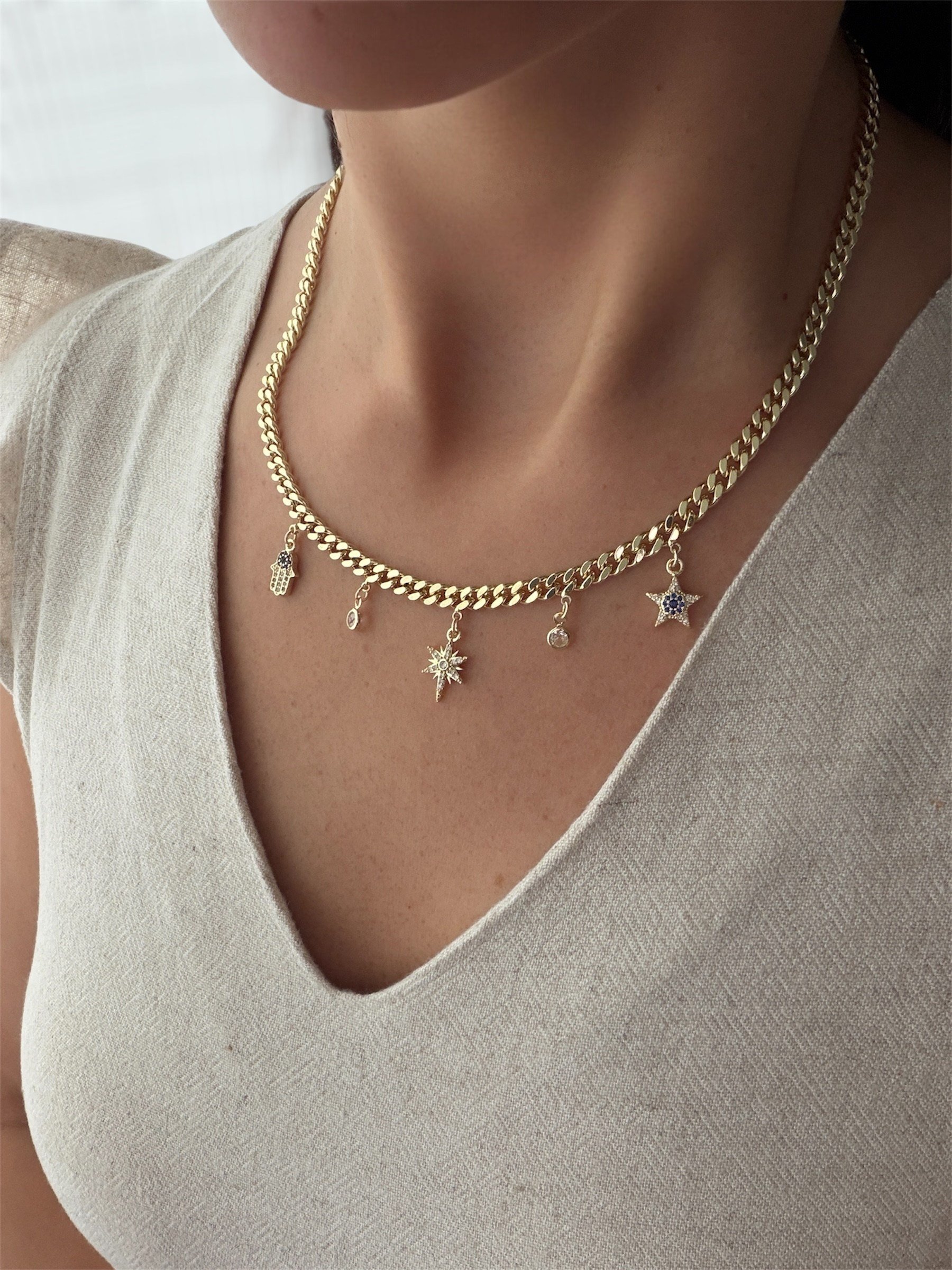 14K gold renk,kalın zincir koruyucu charm kolye-1