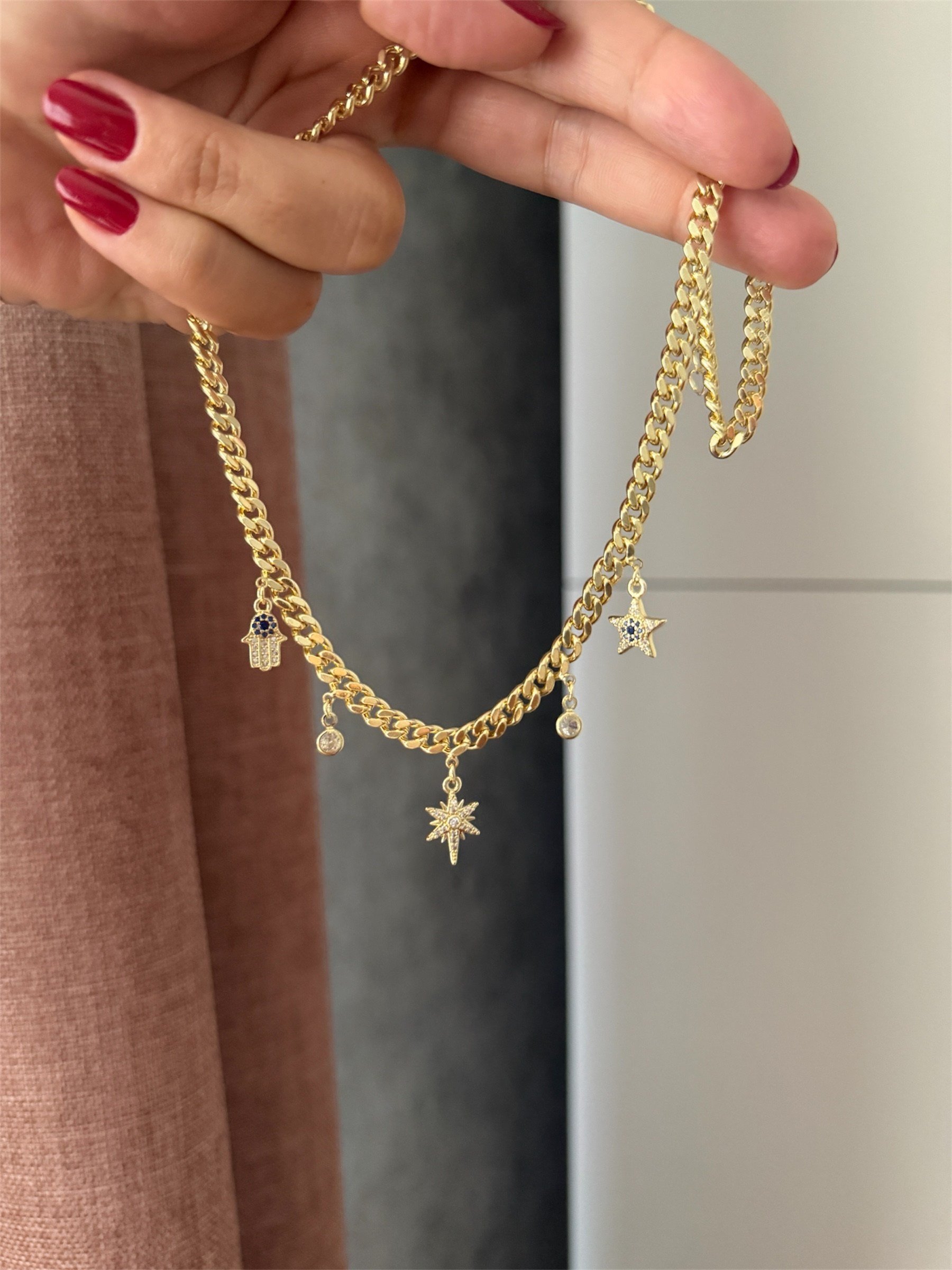 14K gold renk,kalın zincir koruyucu charm kolye-1