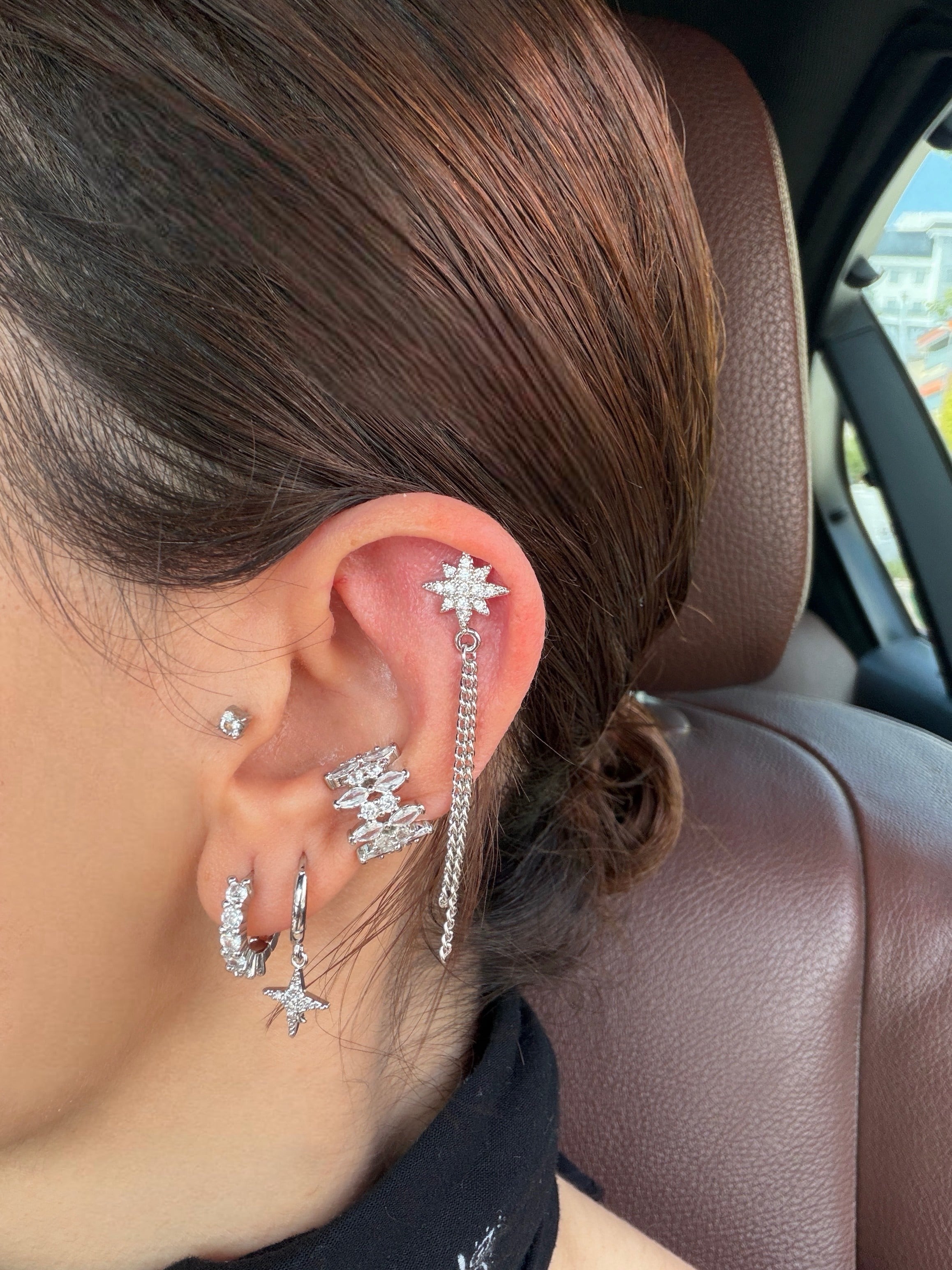Gümüş renk rodyum kaplama,6'lı küpe seti ve earcuff (kıkırdak küpesi) tasarım set