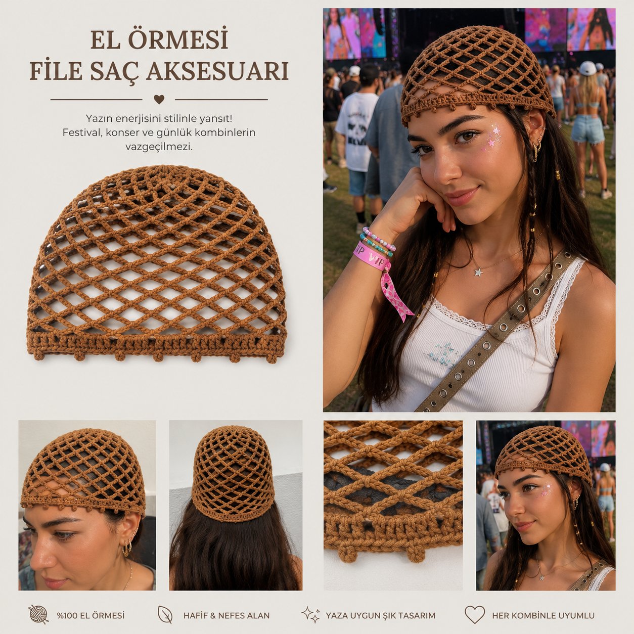 KOFİ-13/17 yaş sezonun en sevilen Camel renginde handmade file saç aksesuarı