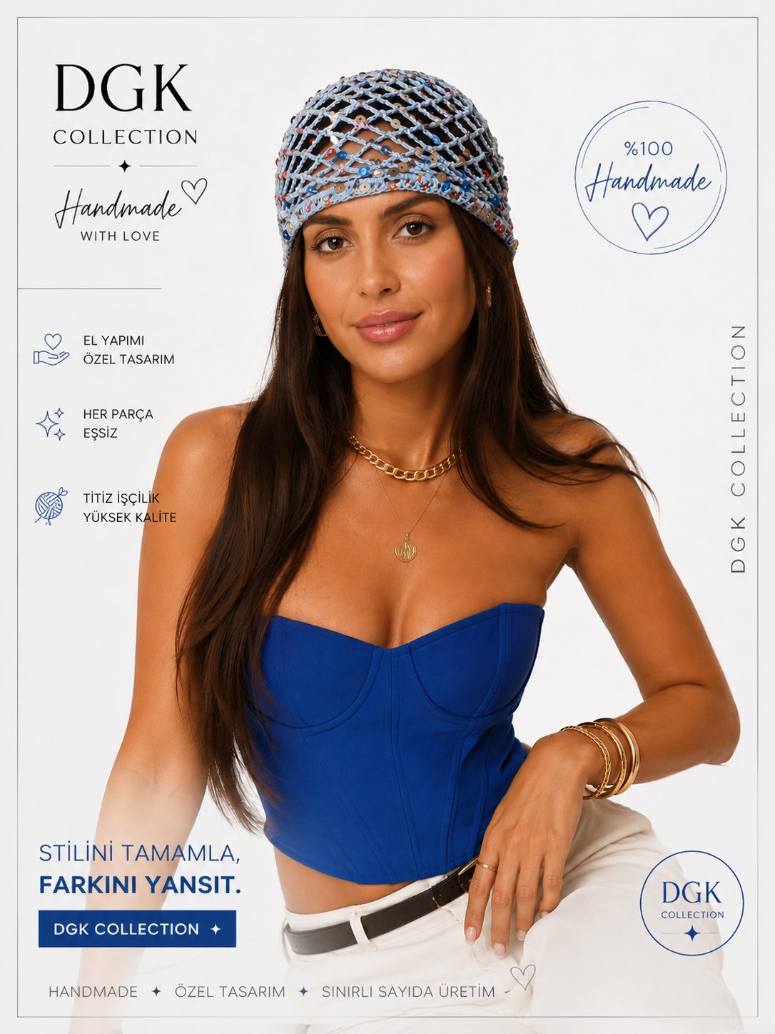 LORİ-Açık mavi renk renkli pul payetli handmade file saç aksesuarı