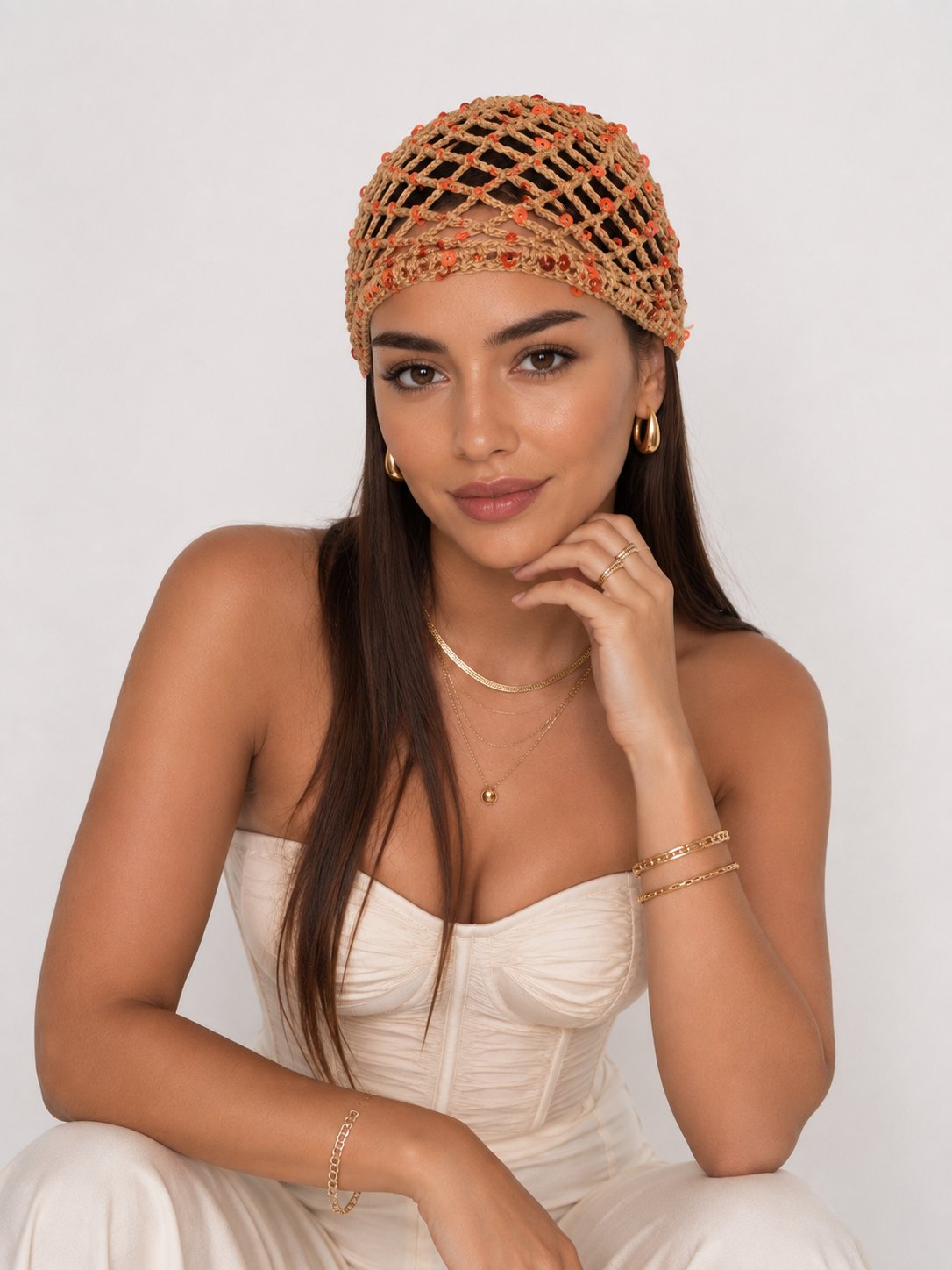LORİ-Camel rengi kiremit pul payetli handmade file saç aksesuarı