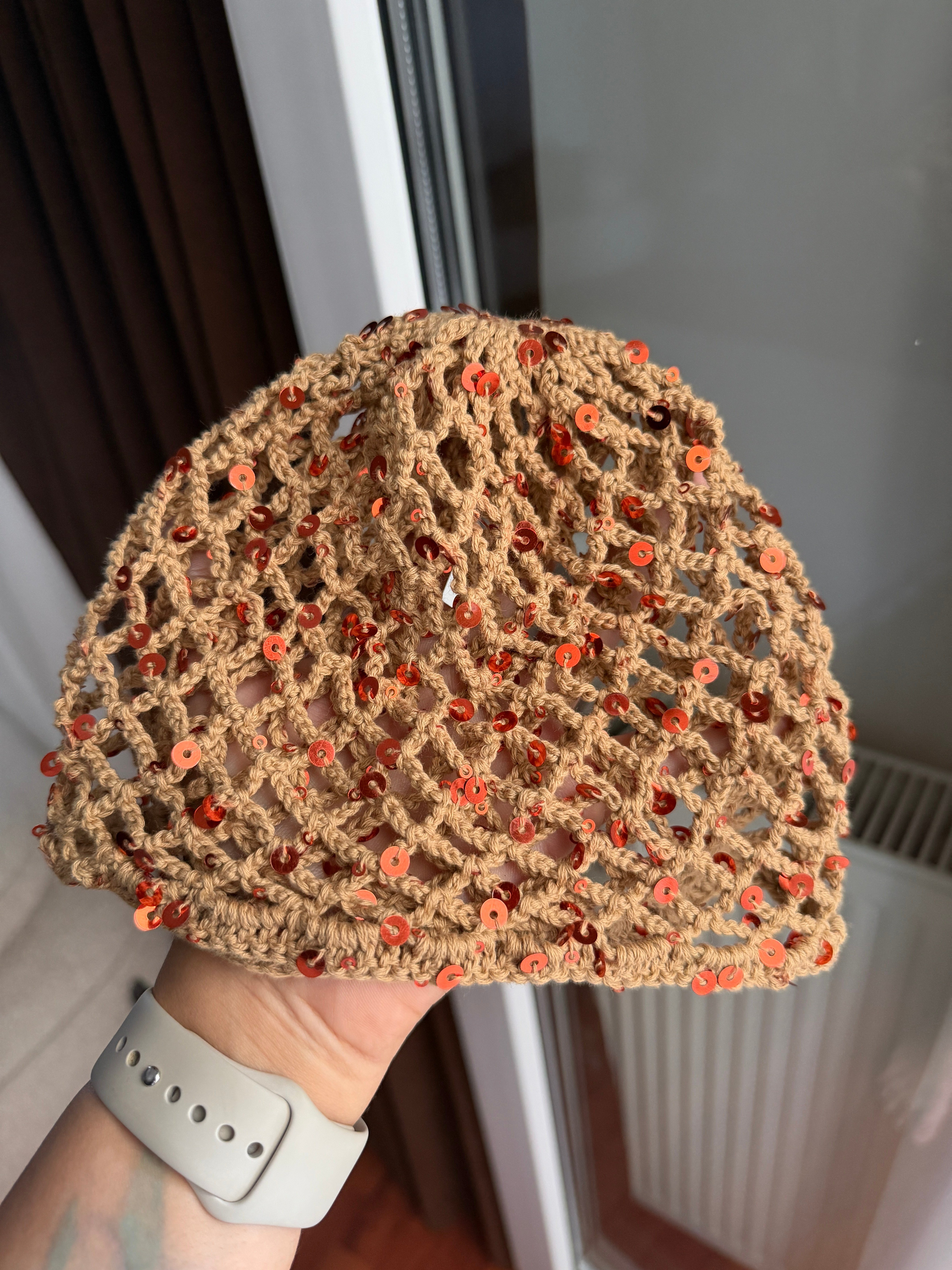 LORİ-Camel rengi kiremit pul payetli handmade file saç aksesuarı