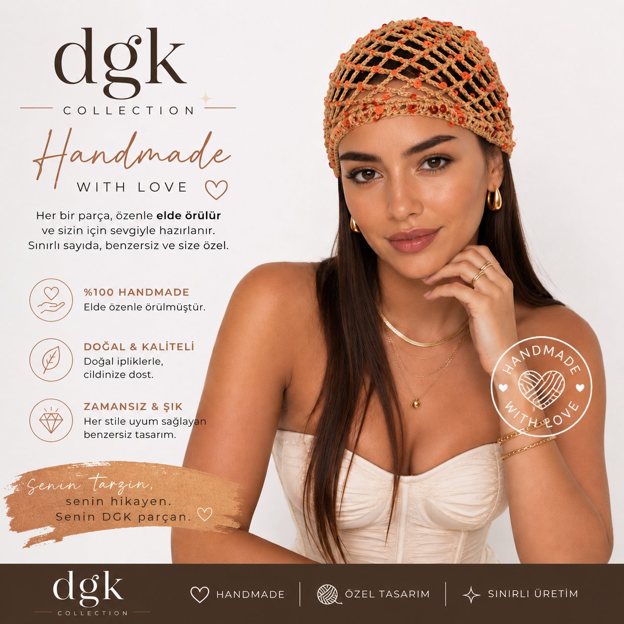 LORİ-Camel rengi kiremit pul payetli handmade file saç aksesuarı