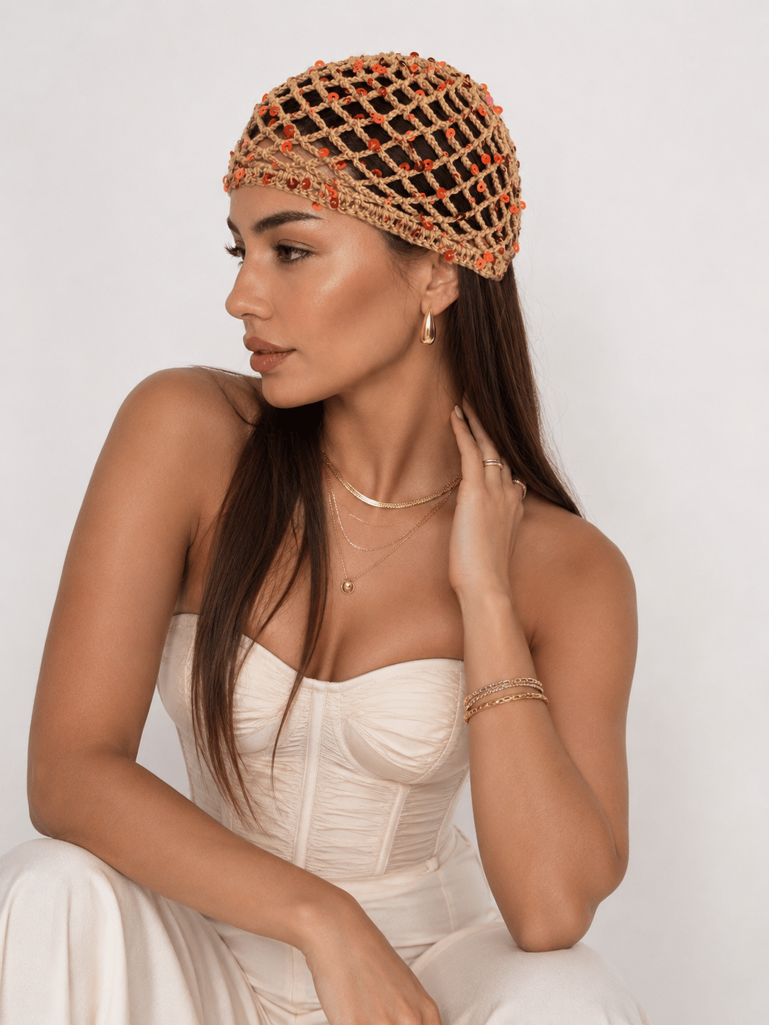 LORİ-Camel rengi kiremit pul payetli handmade file saç aksesuarı