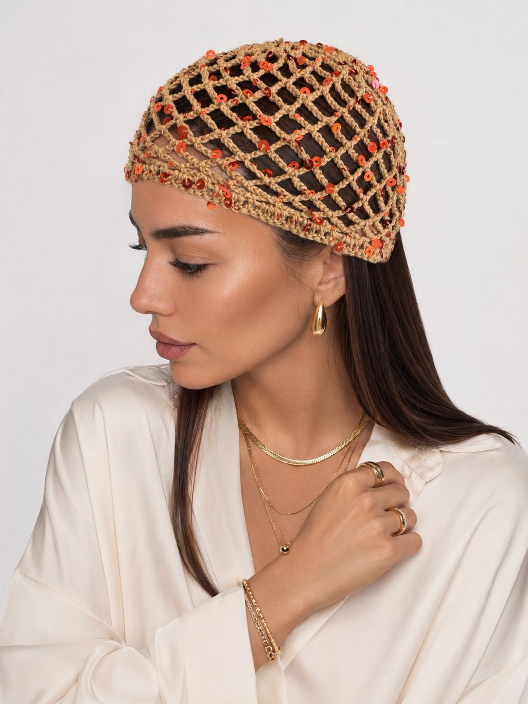 LORİ-Camel rengi kiremit pul payetli handmade file saç aksesuarı