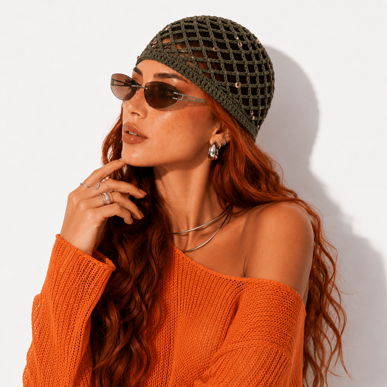 LORİ-Haki renk safran rengi pul payetli handmade file saç aksesuarı