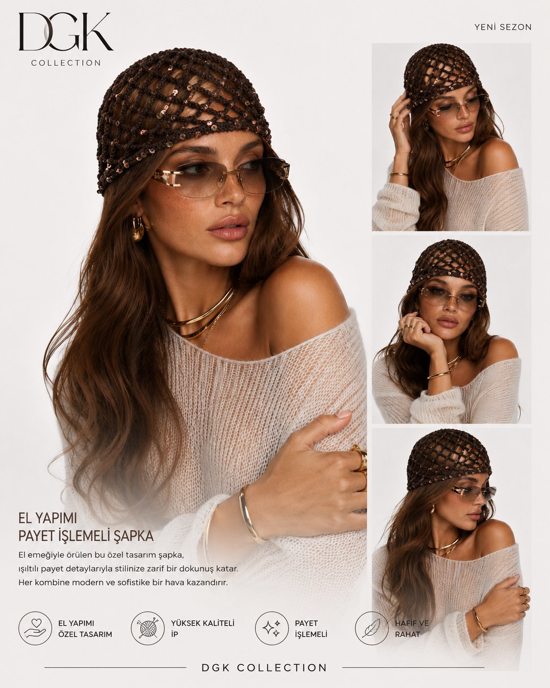 LORİ-Kahverengi pul payetli handmade file saç aksesuarı
