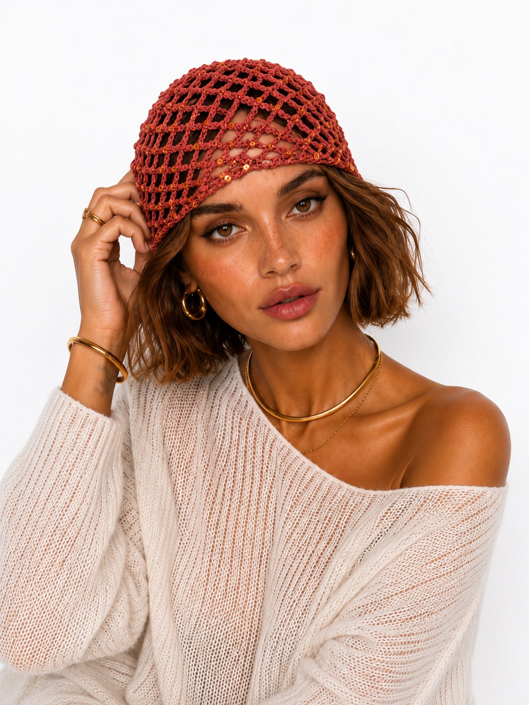 LORİ-Kiremit rengi tonaton şık pul payetli handmade file saç aksesuarı