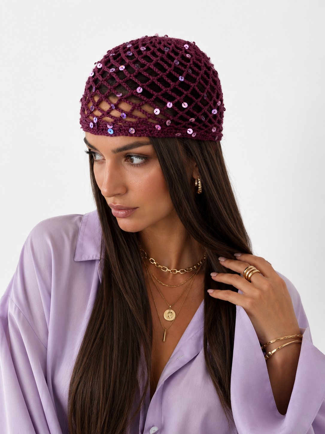 LORİ-Mürdüm rengi lila pul payetli handmade file saç aksesuarı