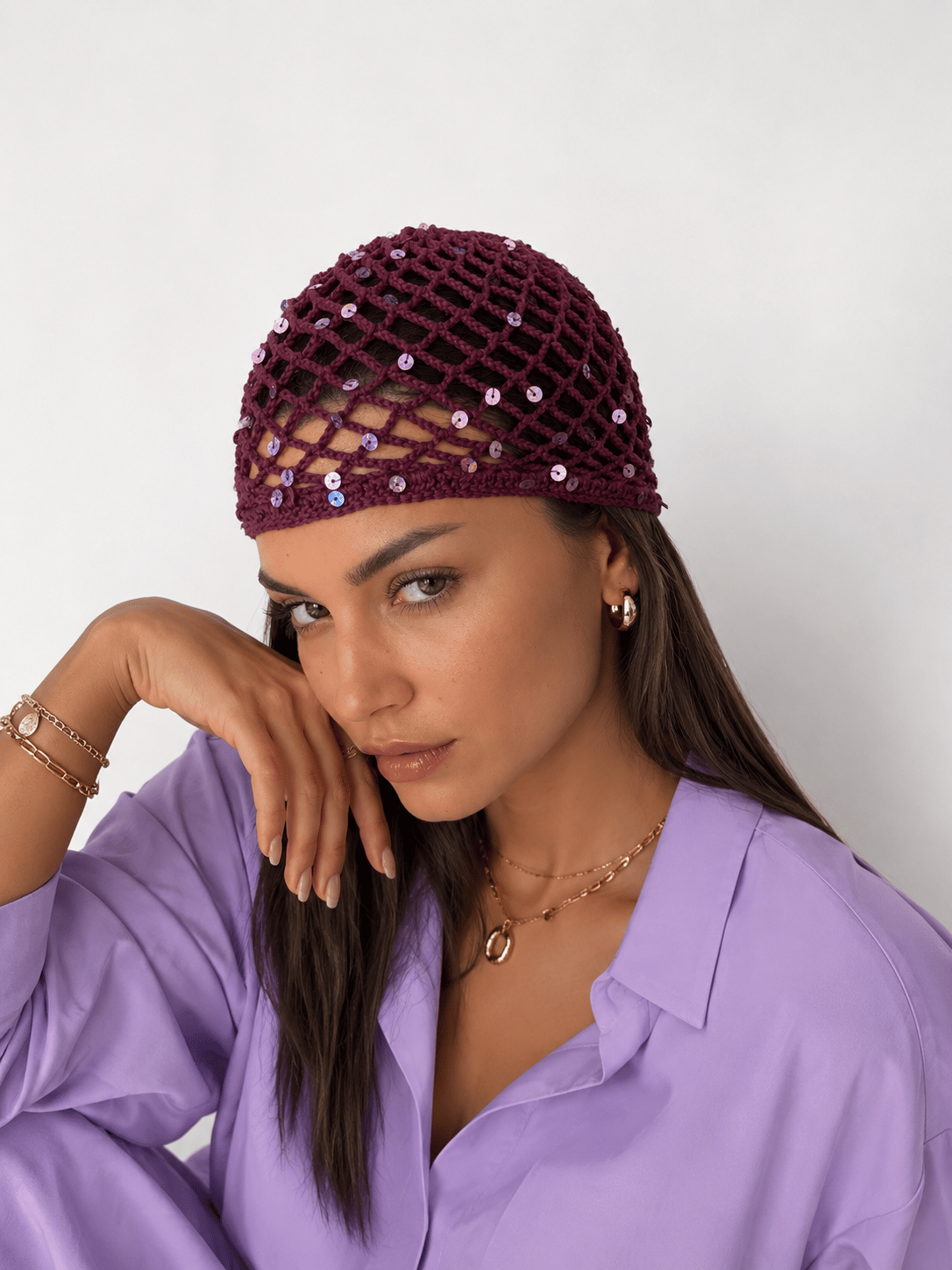 LORİ-Mürdüm rengi lila pul payetli handmade file saç aksesuarı