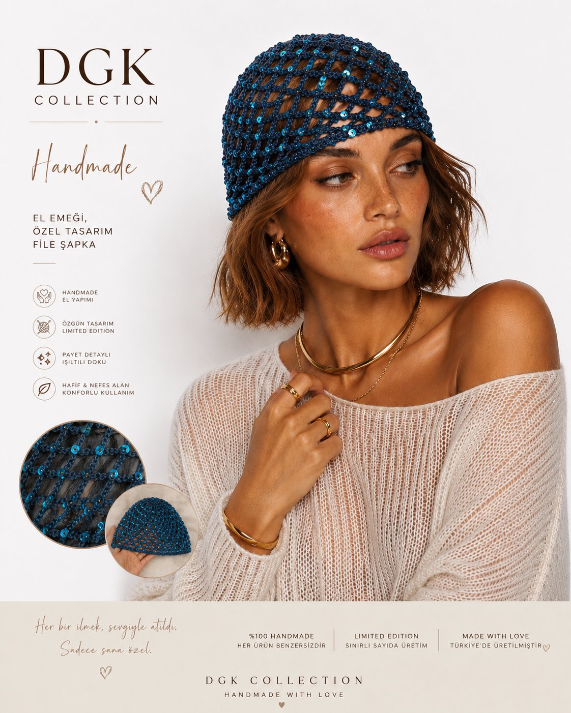 LORİ-Petrol mavisi pul payetli handmade file saç aksesuarı