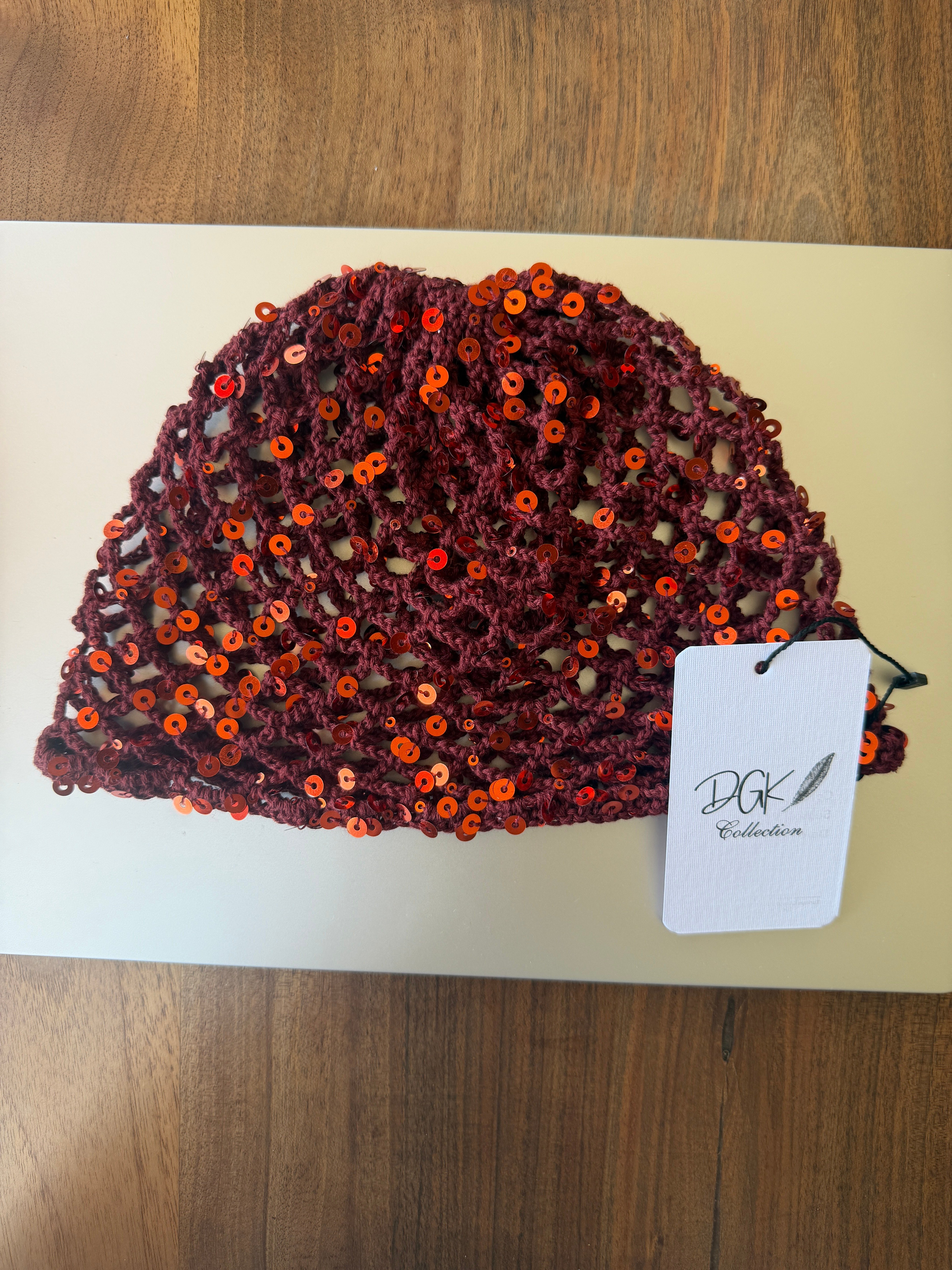 LORİ-Şarap bordosu rengi bakır pul payetli handmade file saç aksesuarı