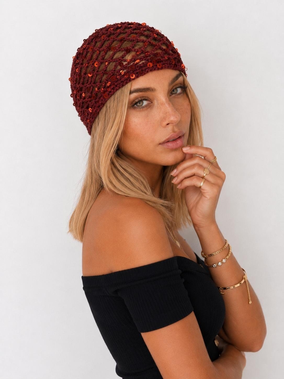 LORİ-Şarap bordosu rengi bakır pul payetli handmade file saç aksesuarı