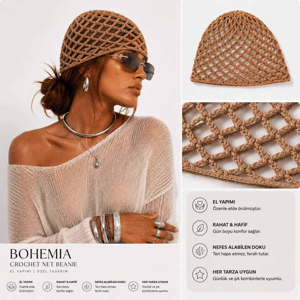 OTİ-Camel rengi günlük kullanıma uygun handmade file saç aksesuarı