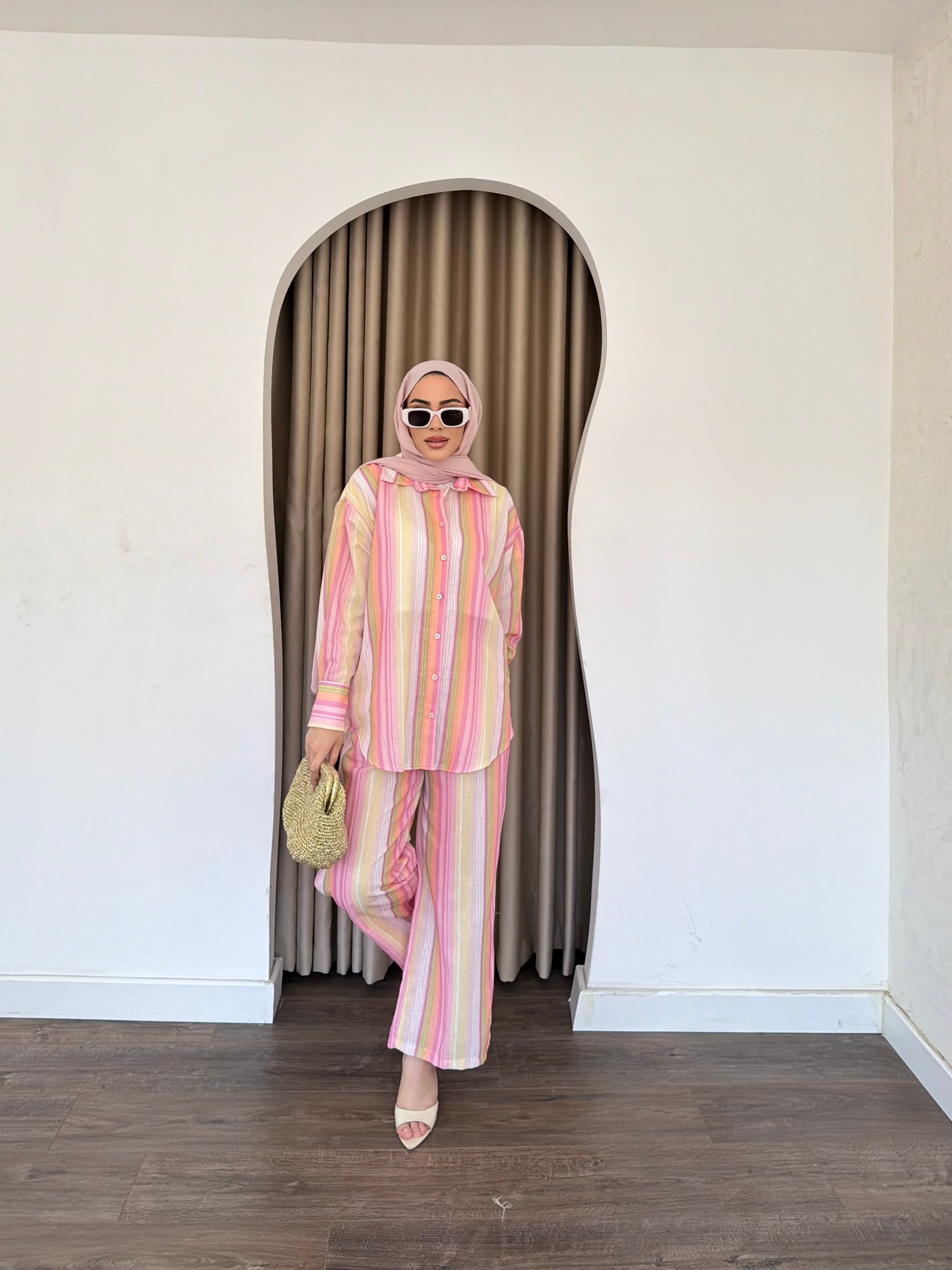 Ala Renkli Keten Takım - Pembe