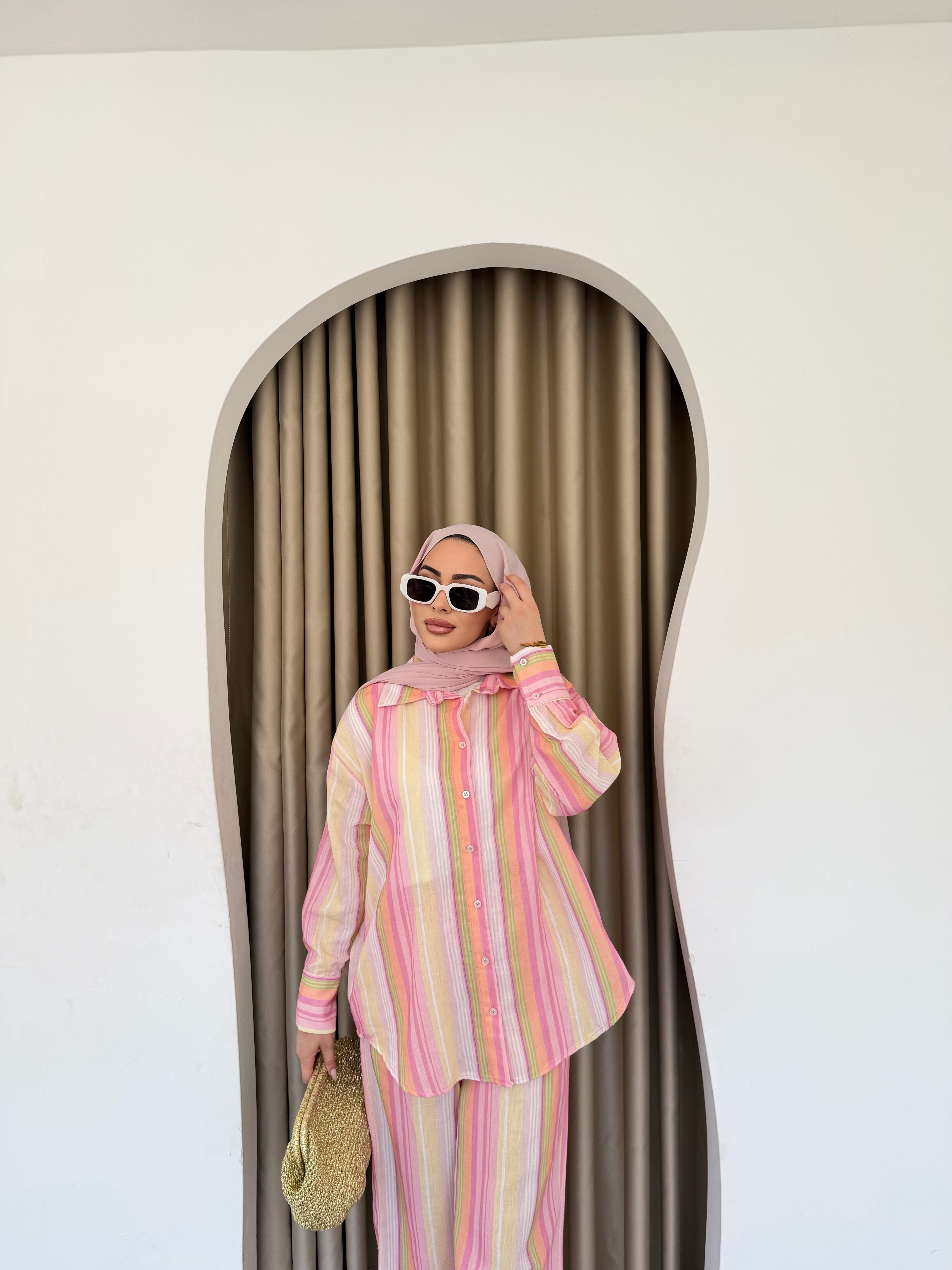 Ala Renkli Keten Takım - Pembe