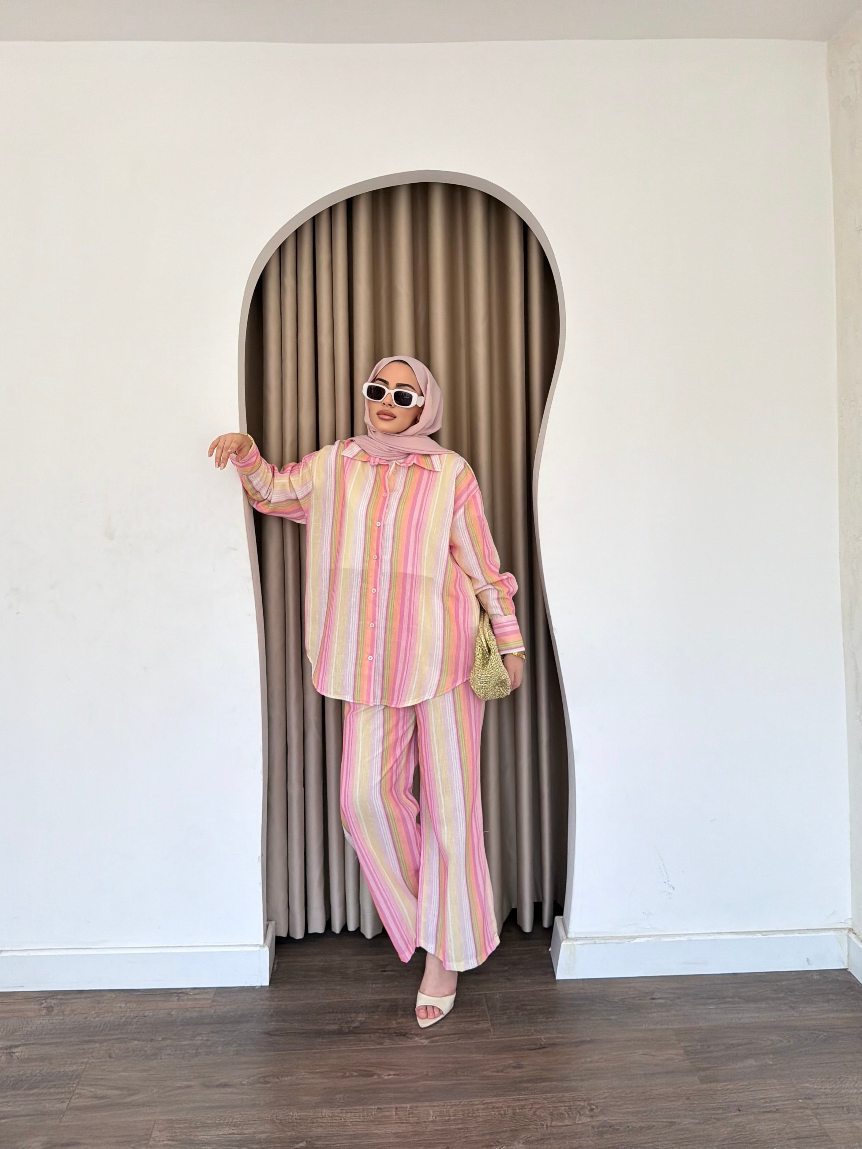 Ala Renkli Keten Takım - Pembe