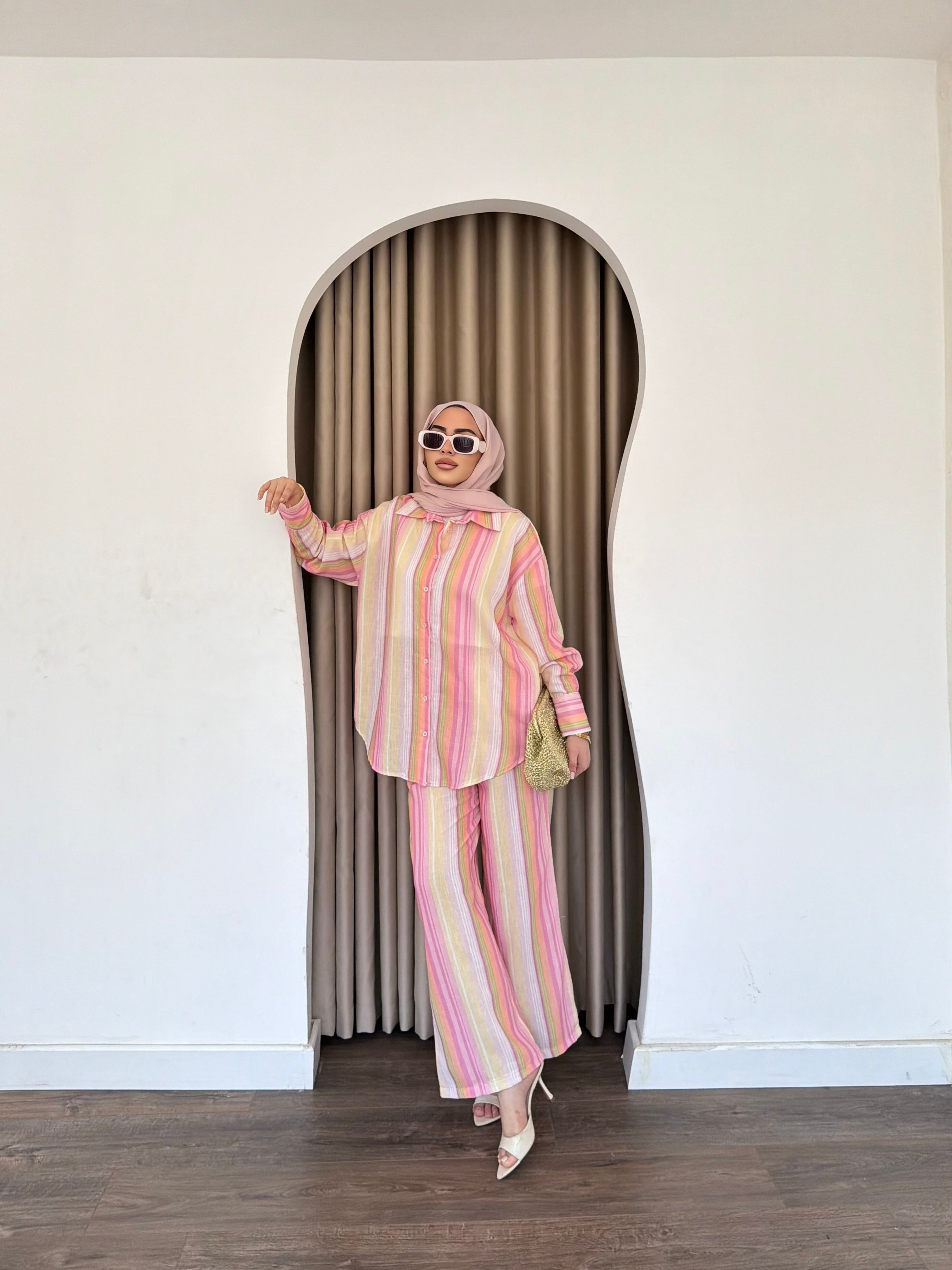 Ala Renkli Keten Takım - Pembe